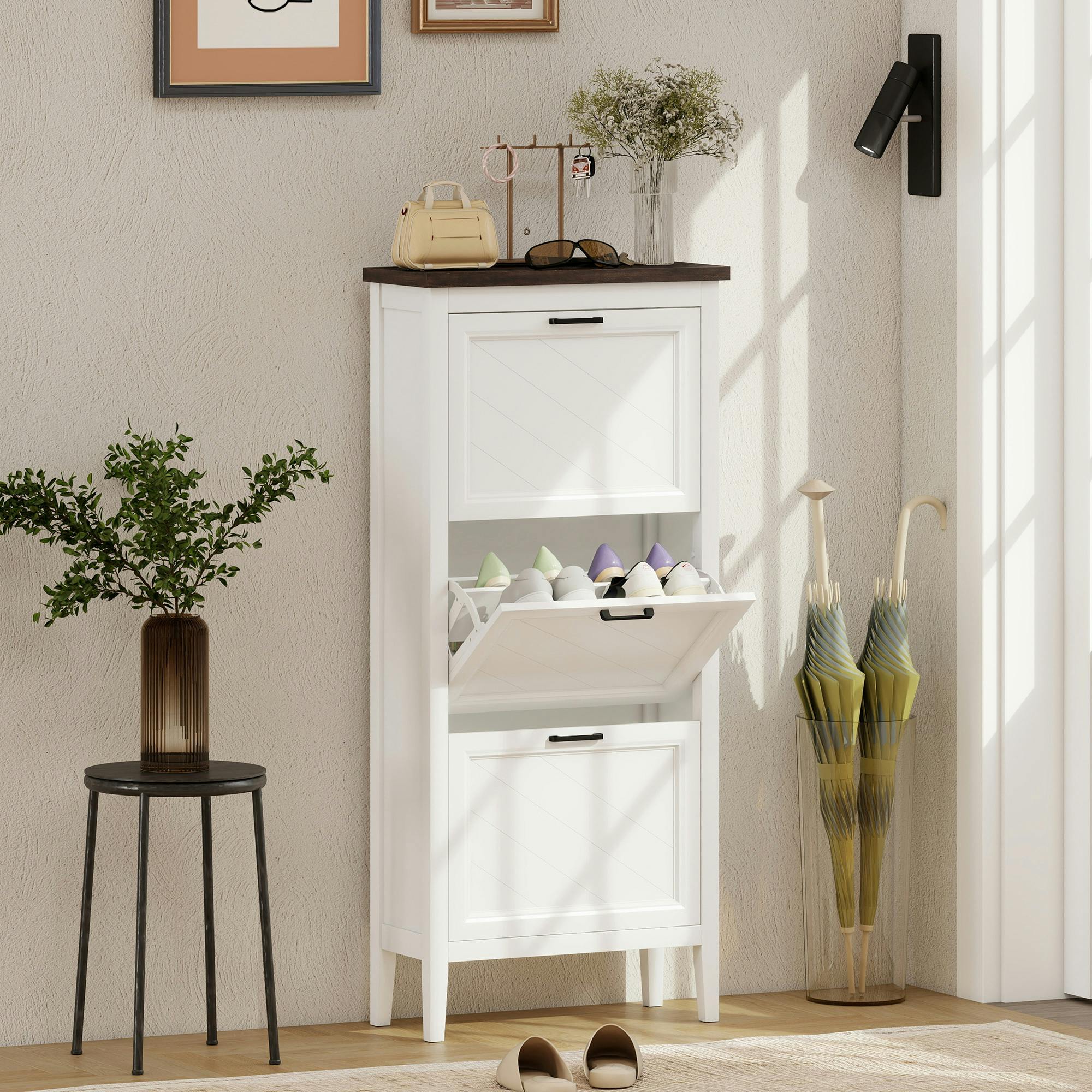 Rackhams White Shoe Cabinet With 3 Flip Drawers, Narrow Shoe Storage Cabinet - 60 X 26.5 X 133.7 Cm