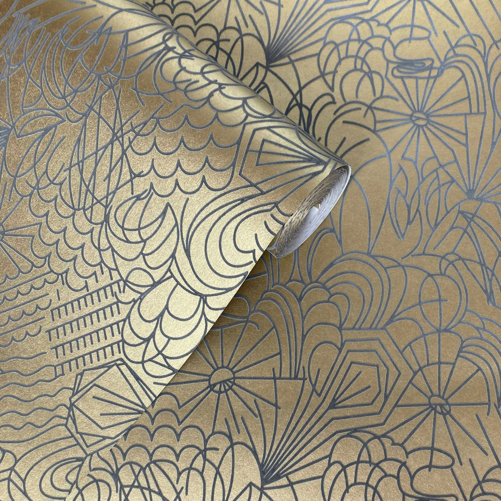 Rackhams Grey/Gold Pop Flock And Wallpaper - 10M Roll