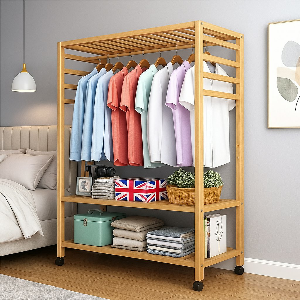 Modcraft Wooden Clothes Rail Rack – Heavy Duty Garment Hanging Stand With Shelves Open Wardrobe