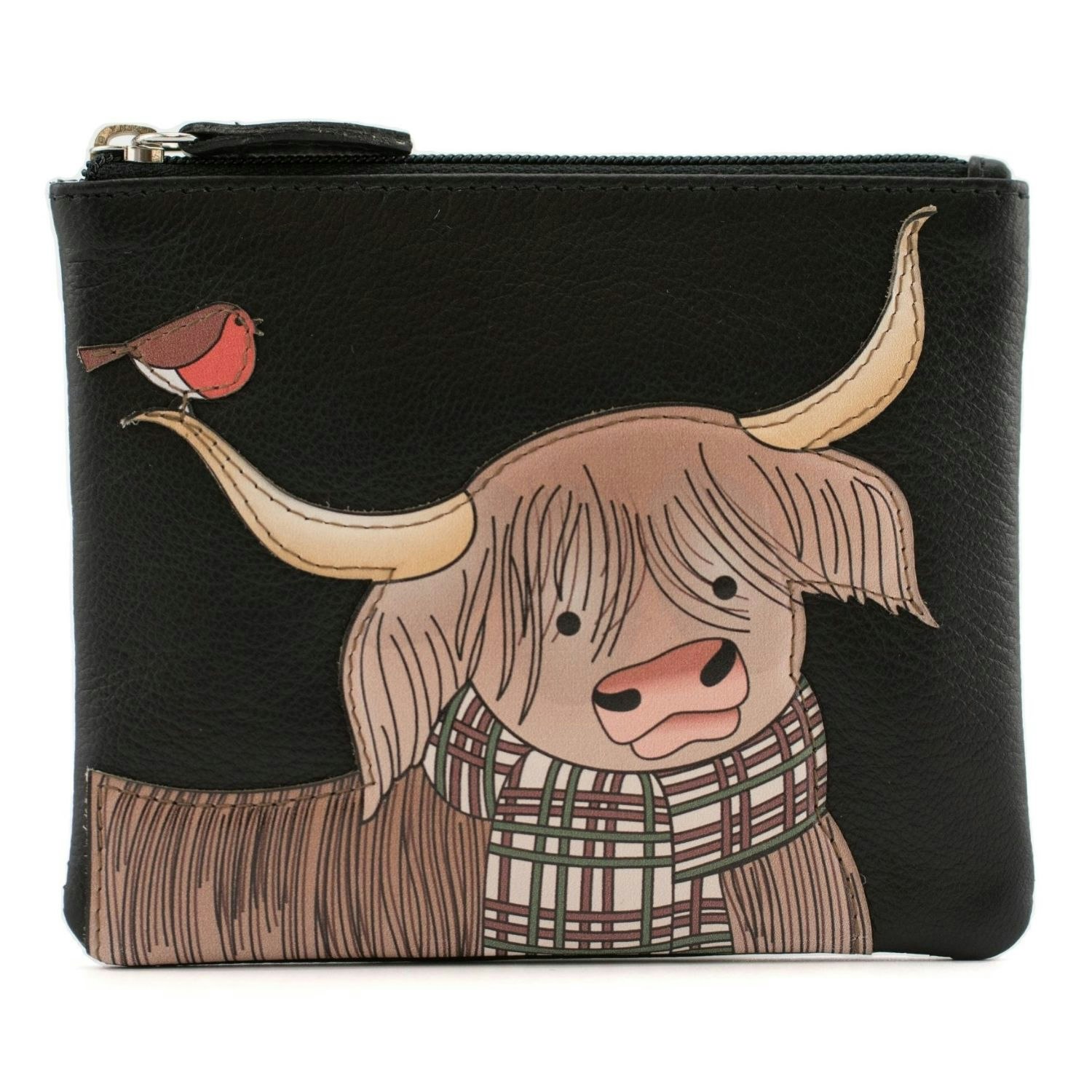 Mala Leather Black Callum Highland Cow & Robin Rfid Leather Coin & Card Purse