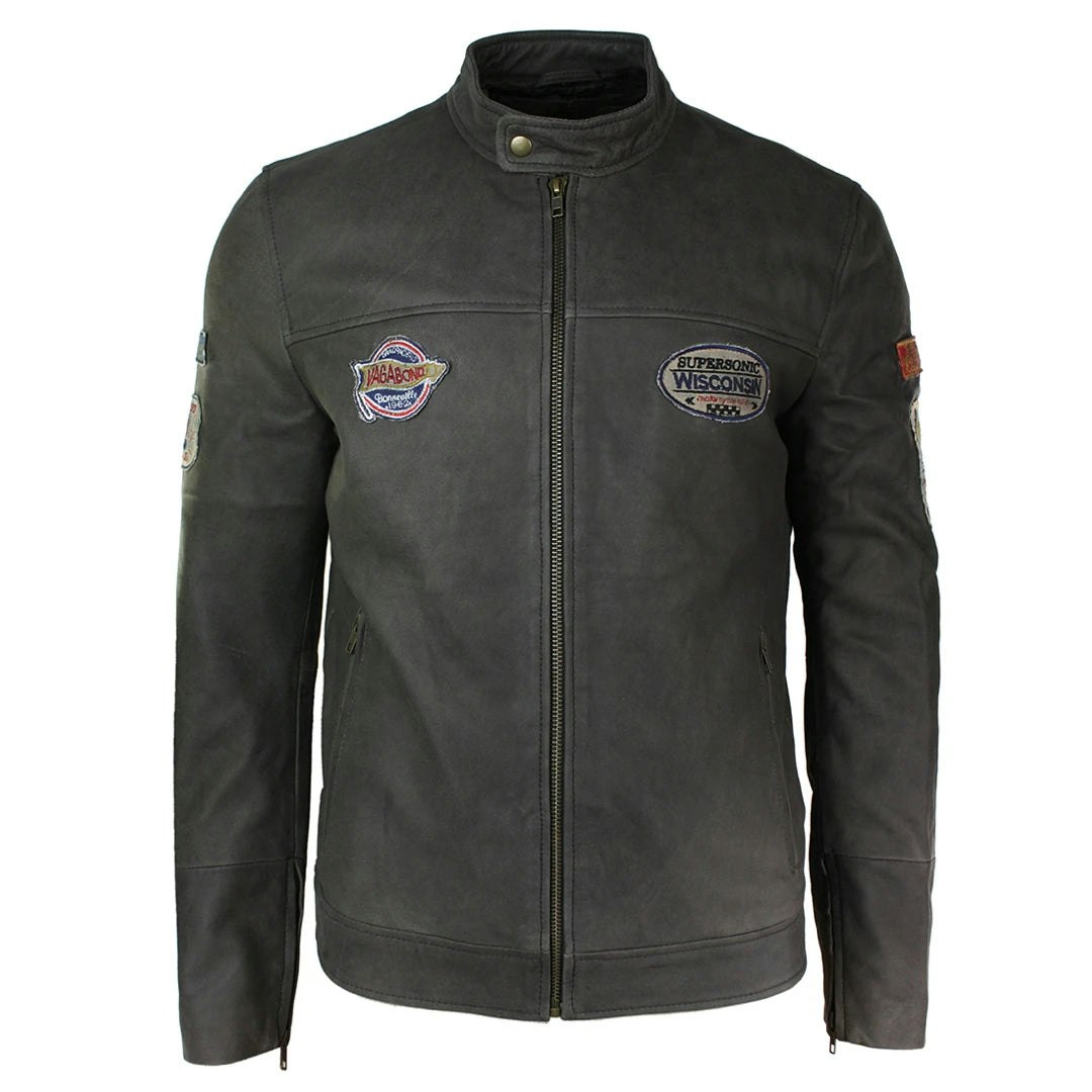 Aviatrix Men's Brown Leather Racer Badge Biker Jacket Washed Distressed - 3XL