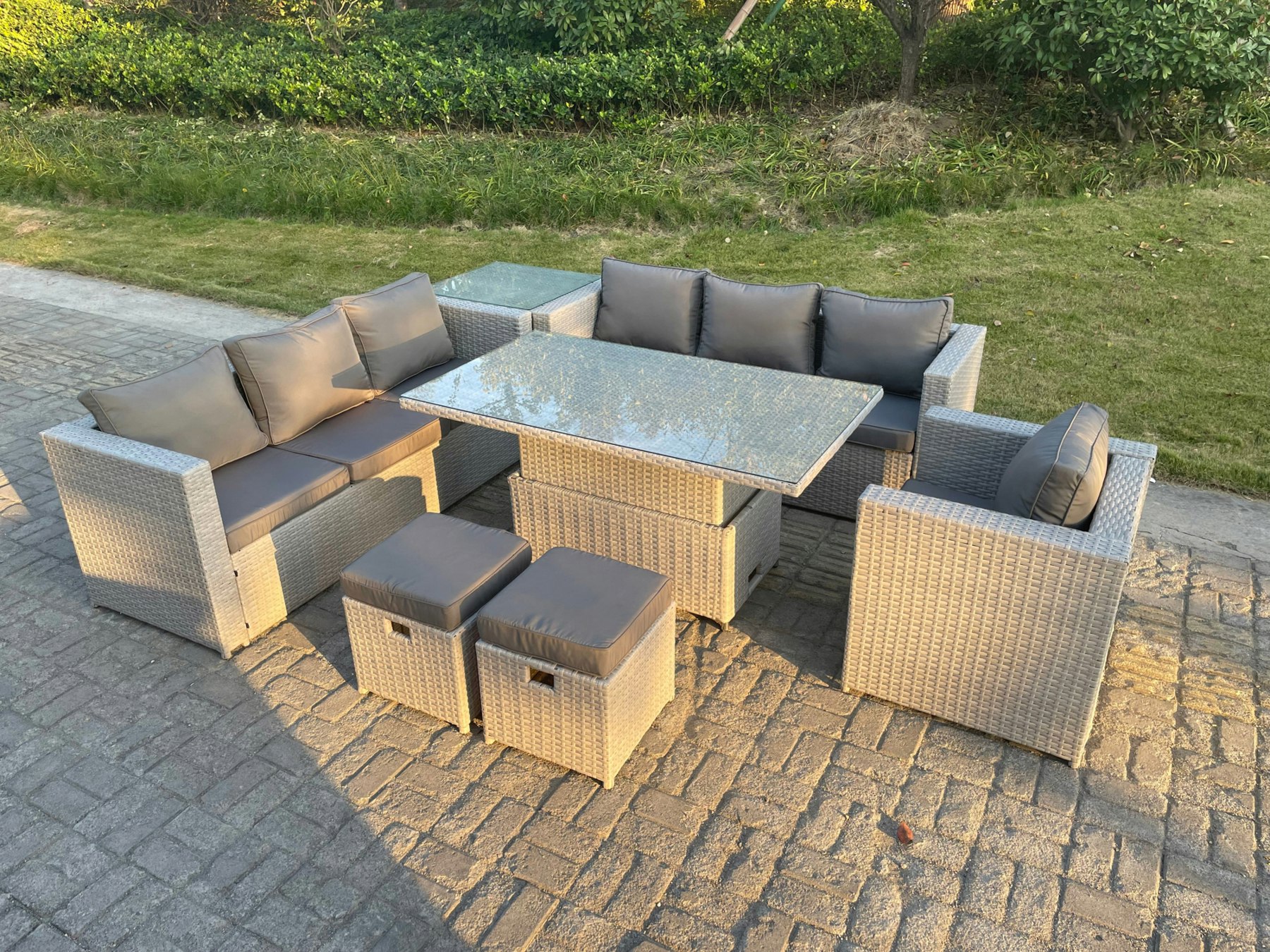 Rackhams Light/Grey/Dark Rattan Garden Funiture Set Height Adjustable Rising Lifting Table Sofa Dining Set Side Coffee Tea Table Chair Stool