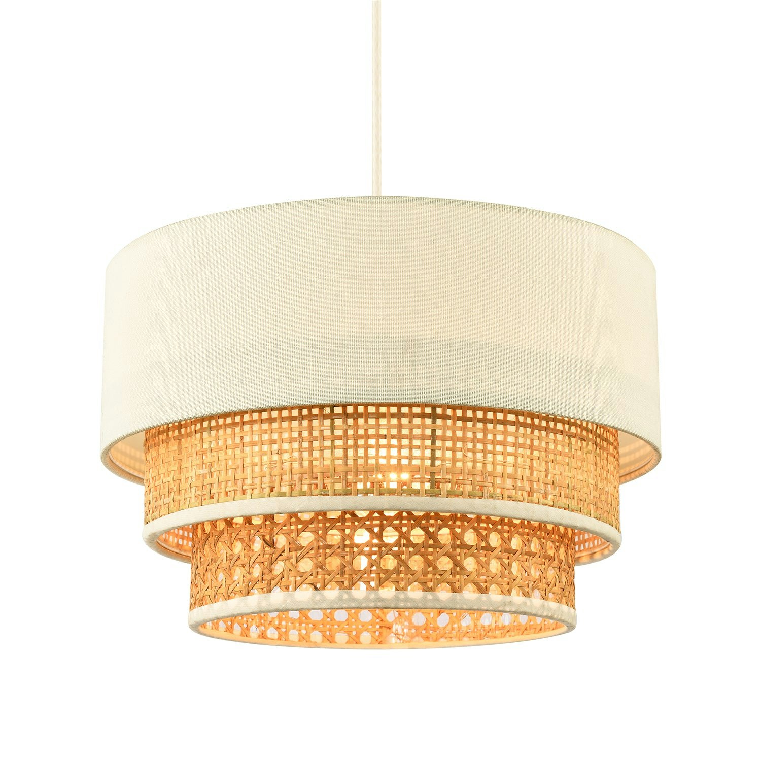 Rackhams Cream Contemporary Triple Tier Linen And Natural Rattan Pendant Shade