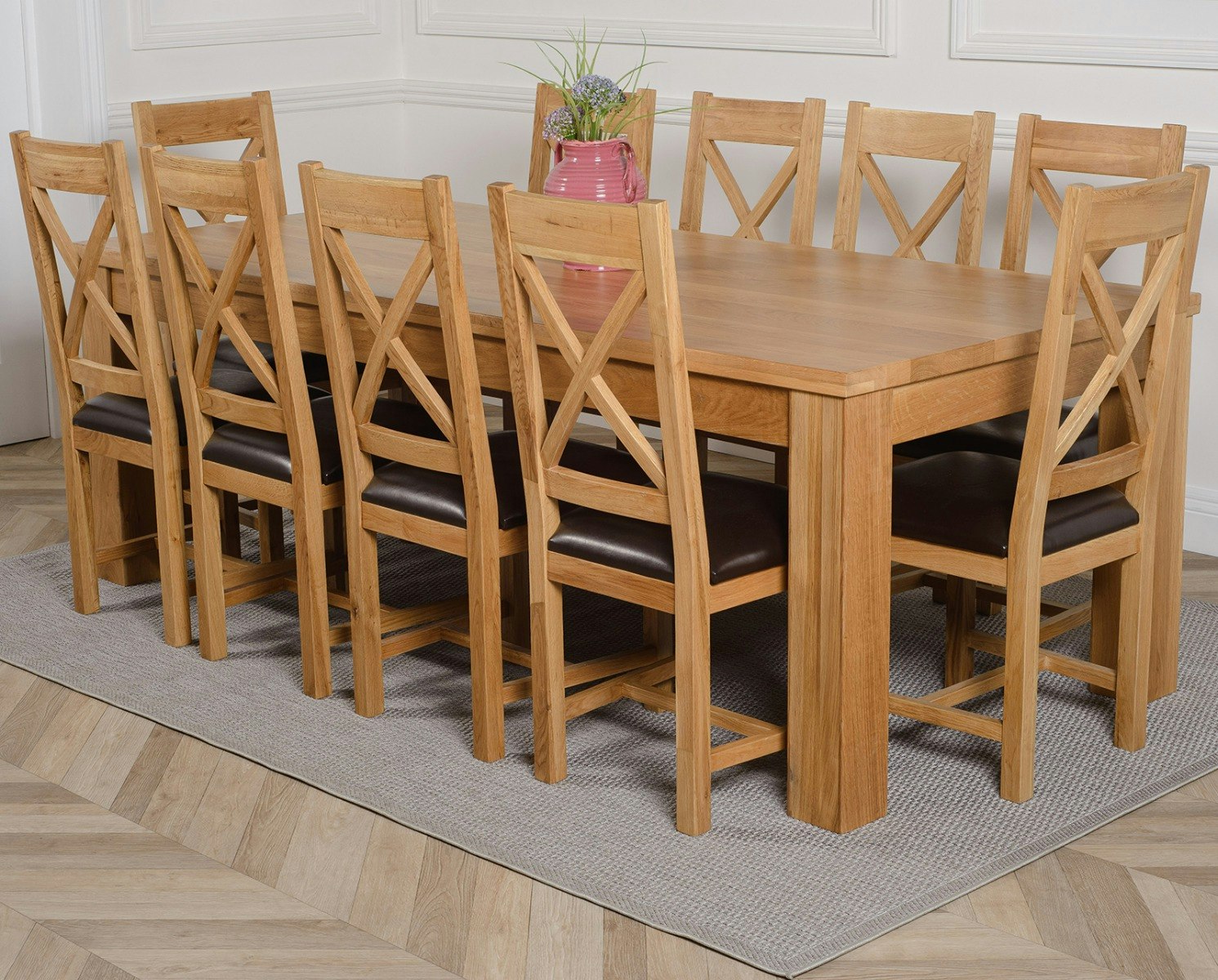 Rackhams Brown Dakota Extra Large Oak Dining Table With Berkeley Oak Chairs - 10 Chairs