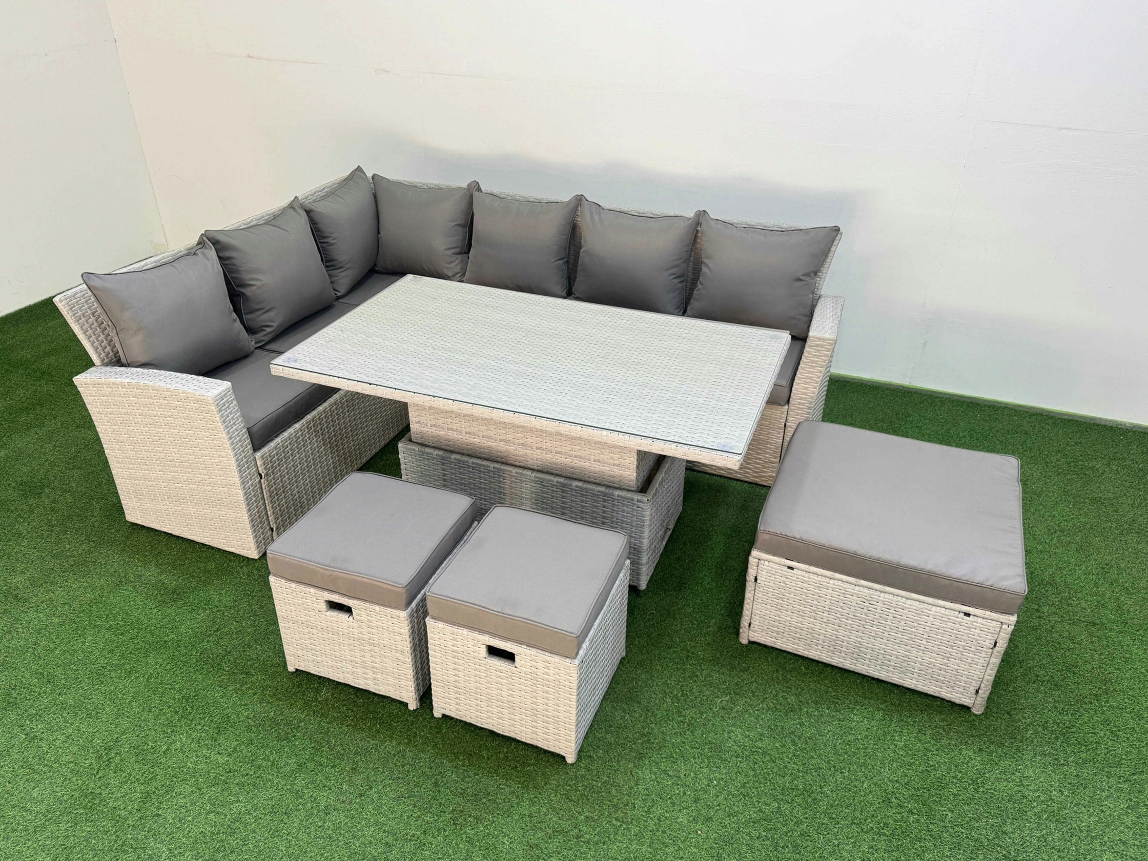 Fimous Light/Grey 9 Seat Rattan Outdoor Garden Furniture Corner Sofa Set Adjustable Lifting Dining Or Coffee Table Set With Armchair 3 Footstools