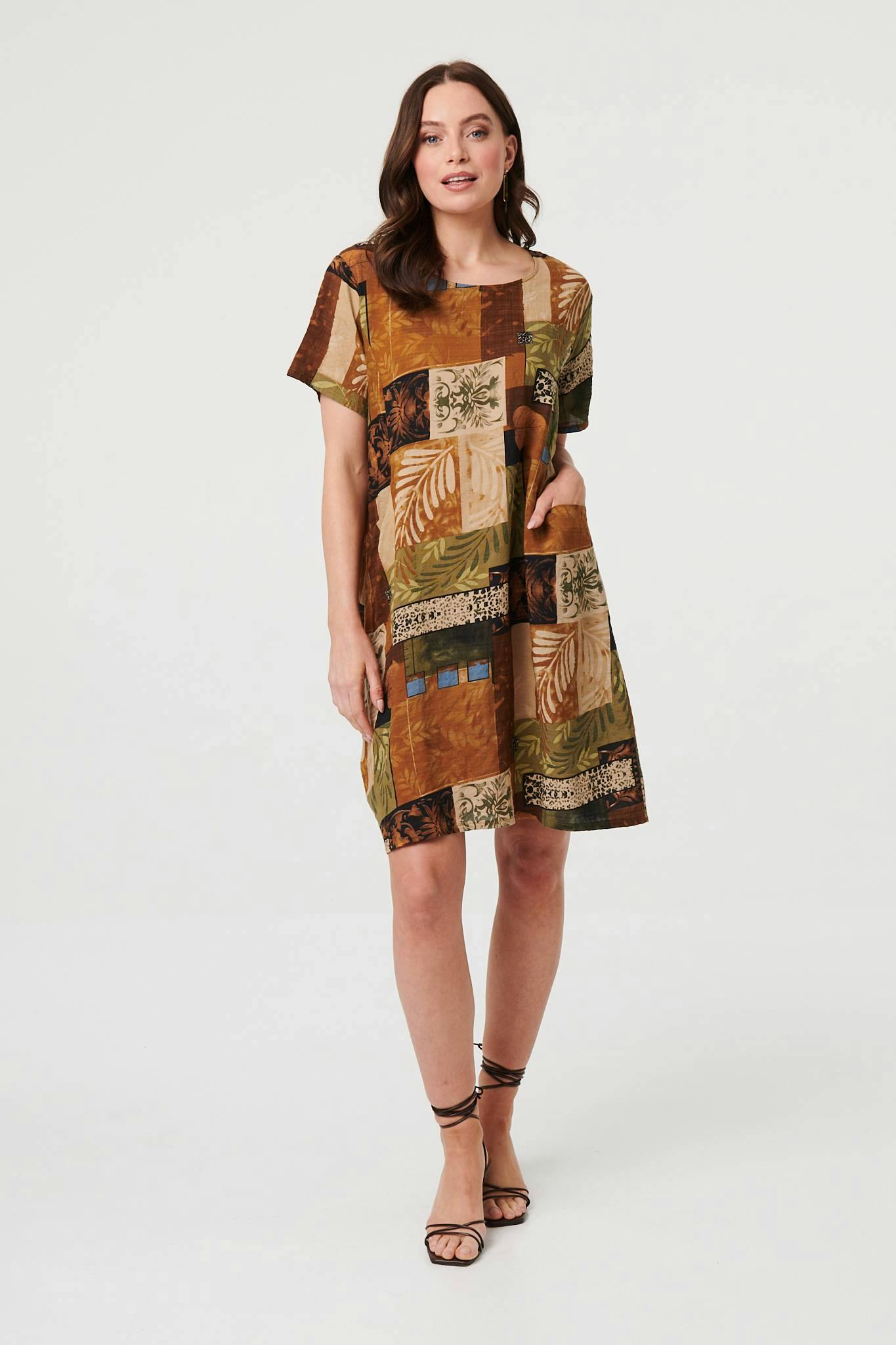 Izabel London Brown Patchwork Knee Length Shift Dress - 10
