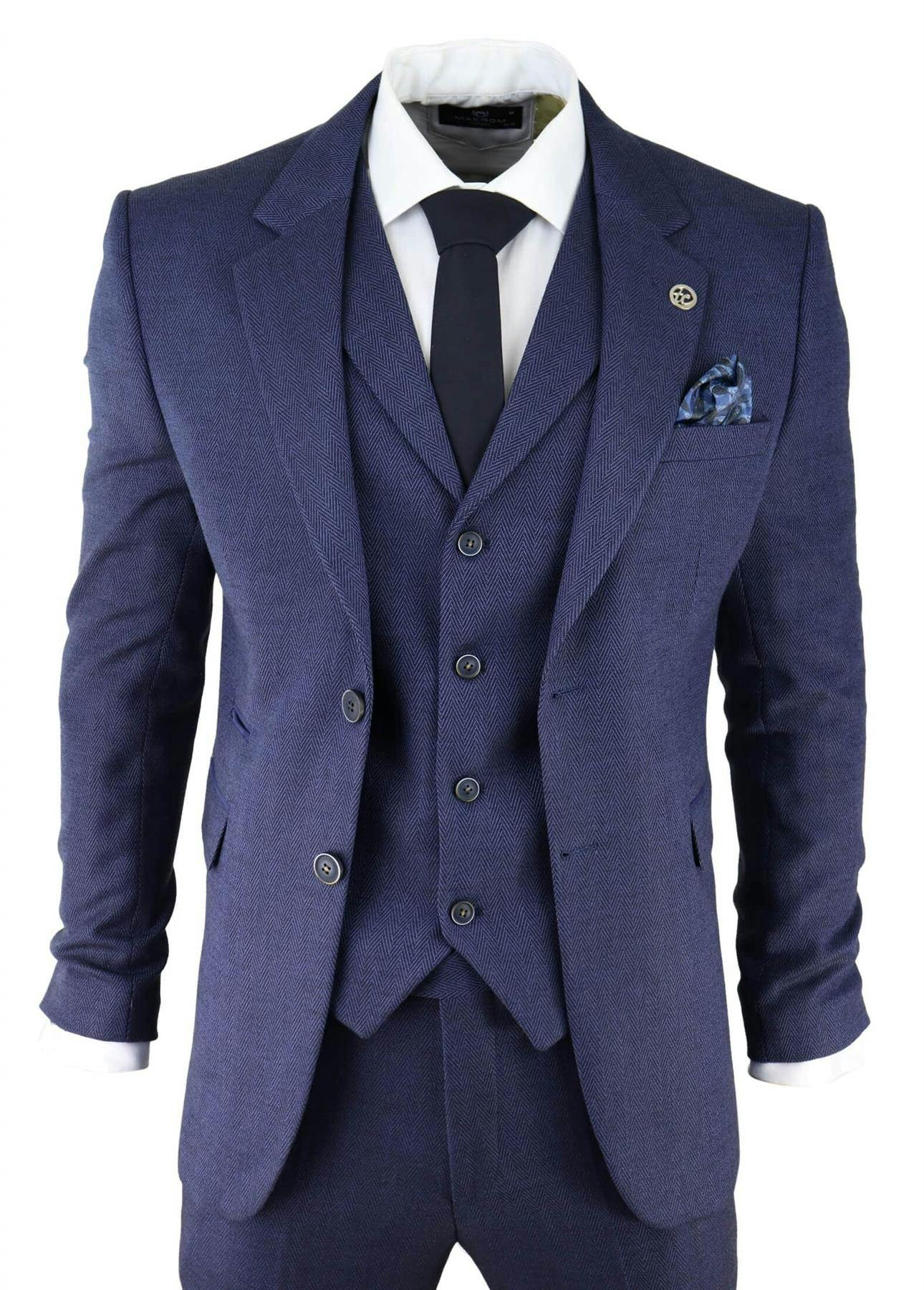Truclothing Men's Blue Navy 3 Piece Tweed Herringbone Suit Peaky Blinders Classic Tailored - Navy - 48" Jacket 42" Trousers