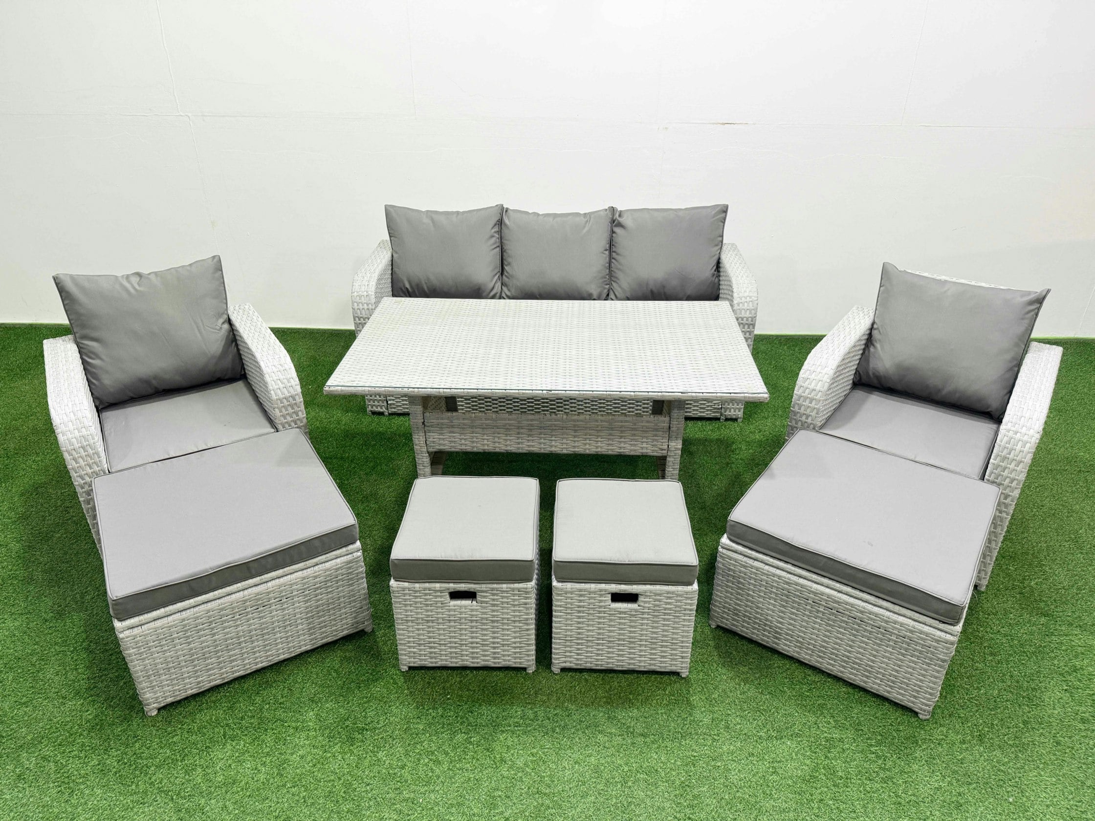 Fimous Light/Grey Pe Rattan Lounge Sofa Set 9 Seater Outdoor Garden Furniture Set With Dining Table 3 Seater Sofa 2 Big Footstools