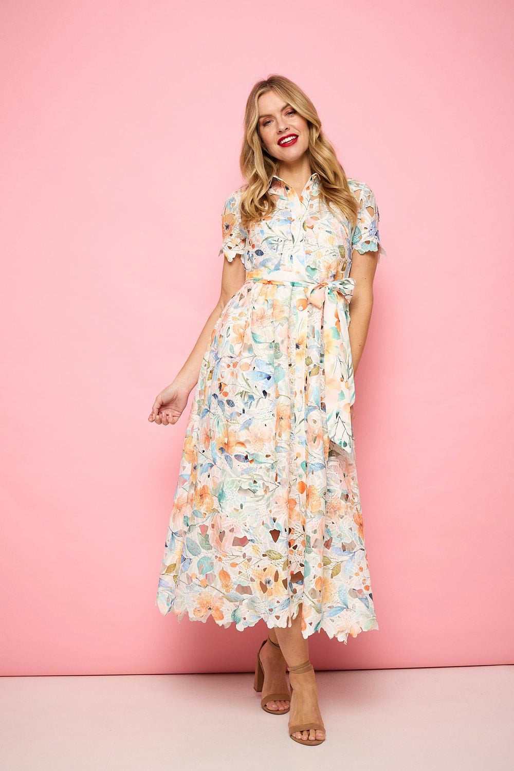 Izabel London Orange Floral Lace Tie Waist Midi Shirt Dress - 12