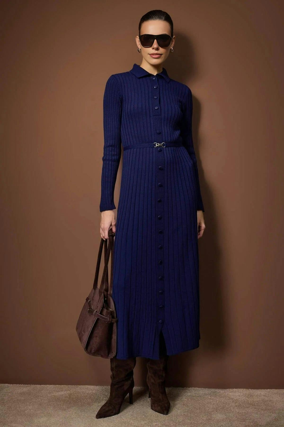 Wovcor Ribbed Knit Dress With Belt Detail - Navy - Xl