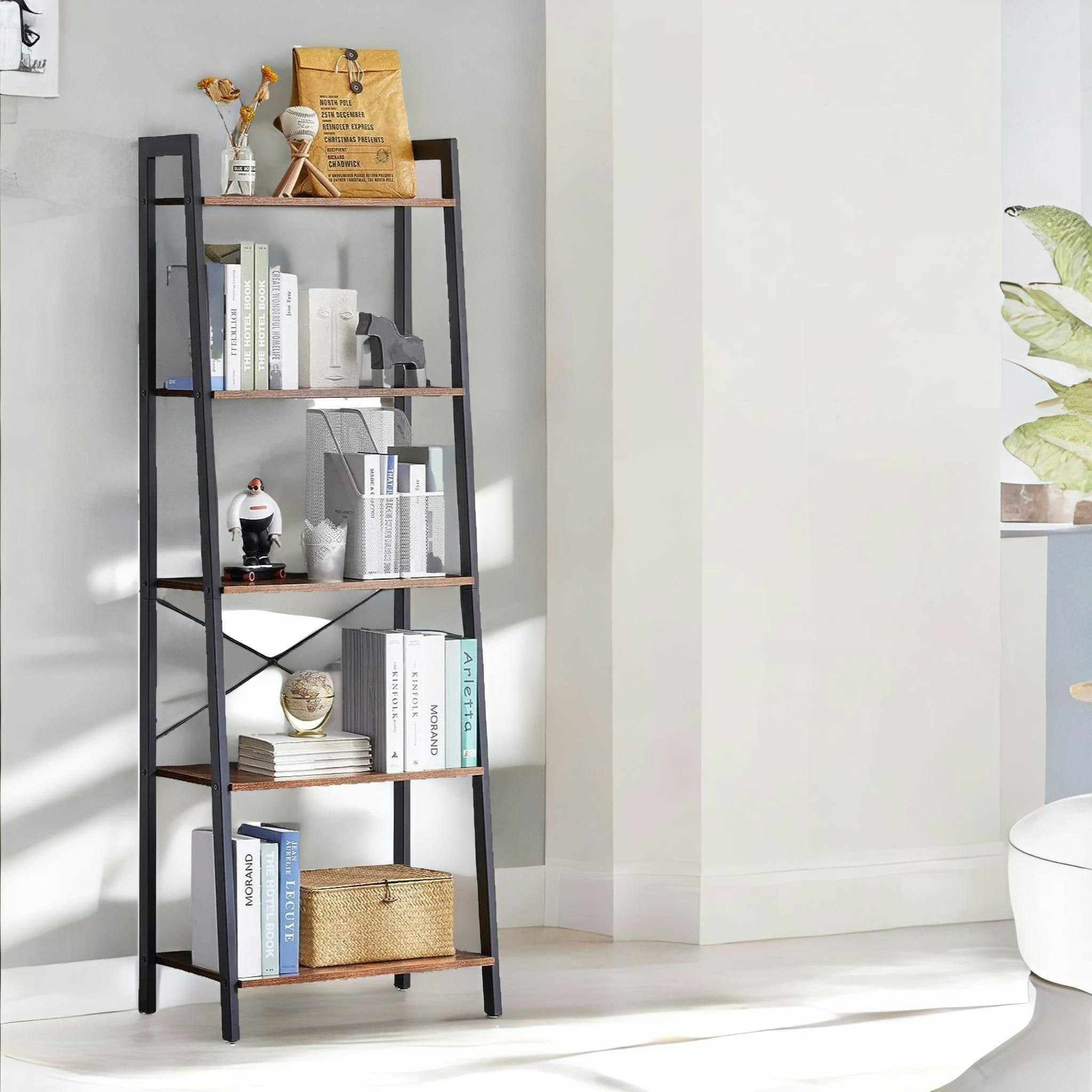 Rackhams Brown 5 Tier Free Standing Ladder Shelf For Living Room Storage Rustic