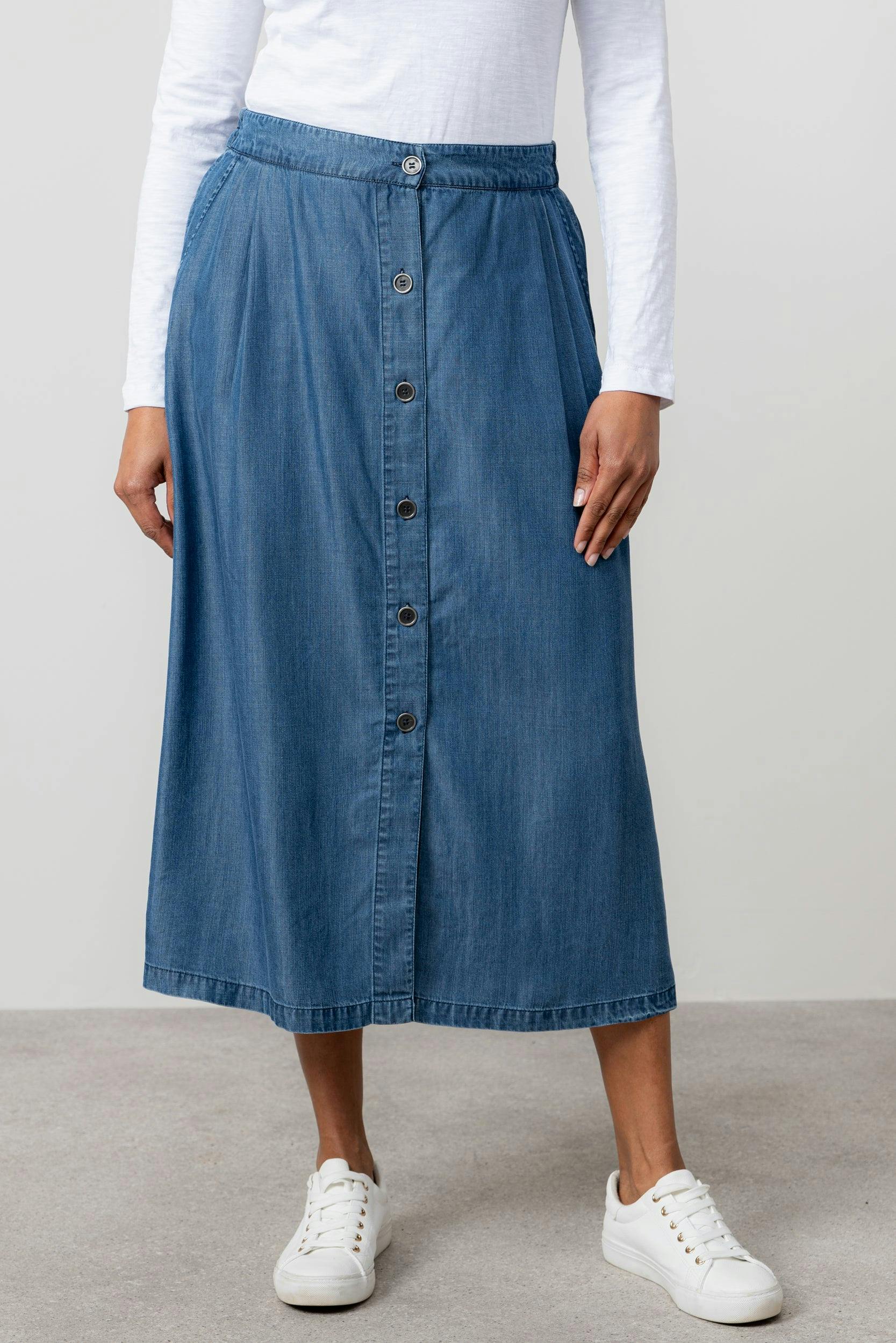 Lily & Me Blue Holly Tencel™ Denim Elasticated Waist Midi Skirt - 08
