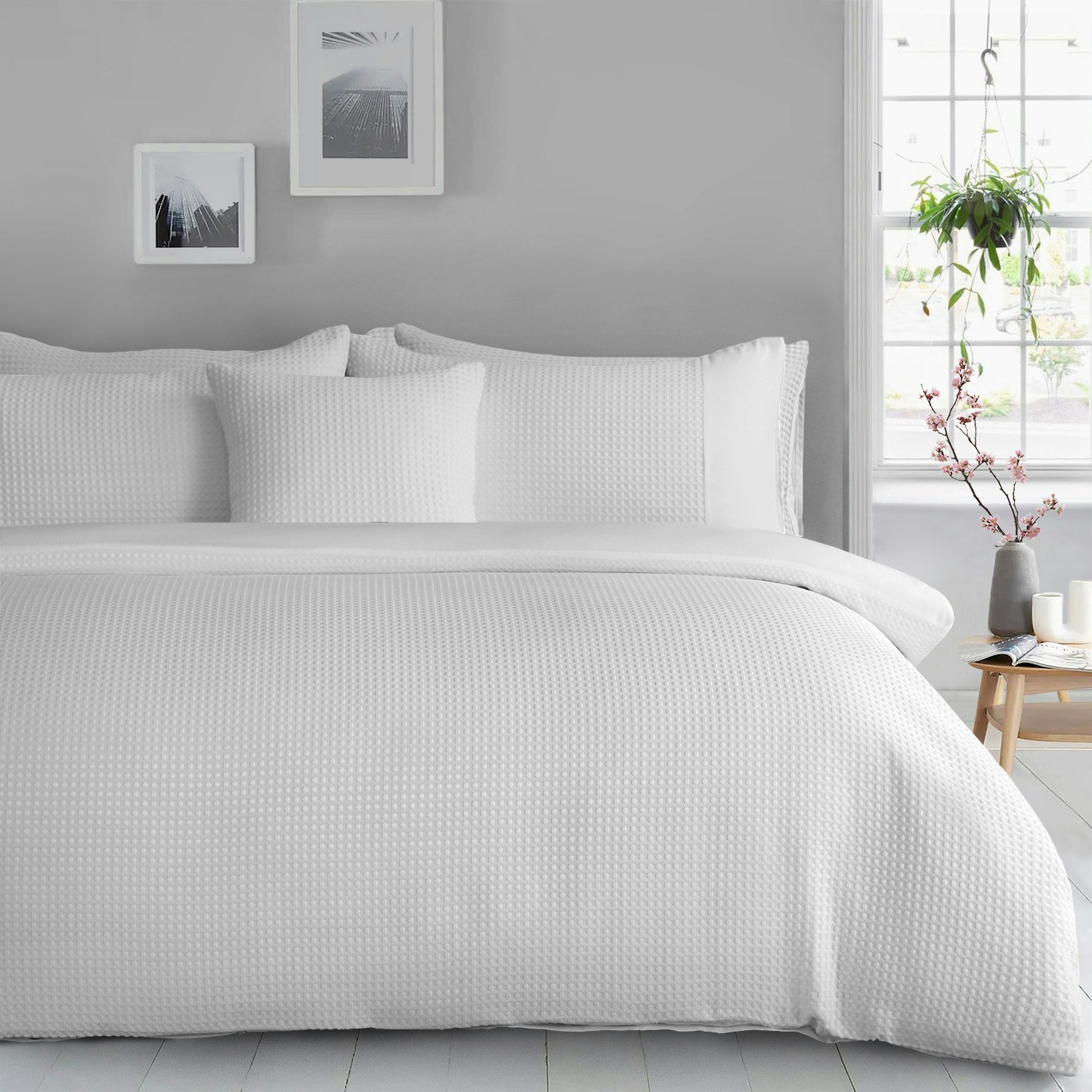 Rackhams White Waffle Weave Double Duvet Cover Set With Button Enclosure And Matching Pillowcase Set - Double