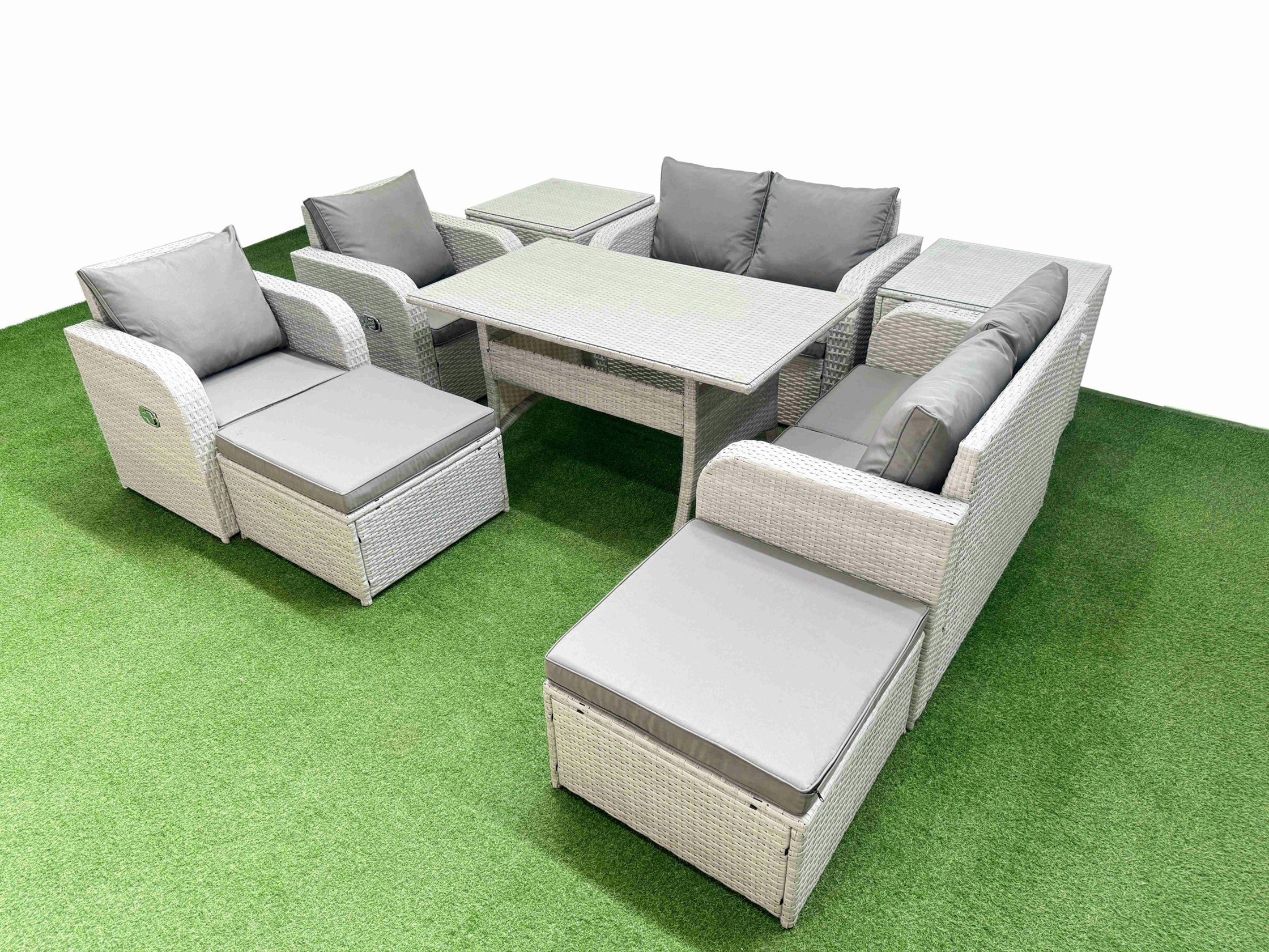 Fimous Light/Grey 8 Seater Rattan Garden Furniture Set - With Reclining Chair, Loveseat & Rectangular Dining Table & 2 Footstools