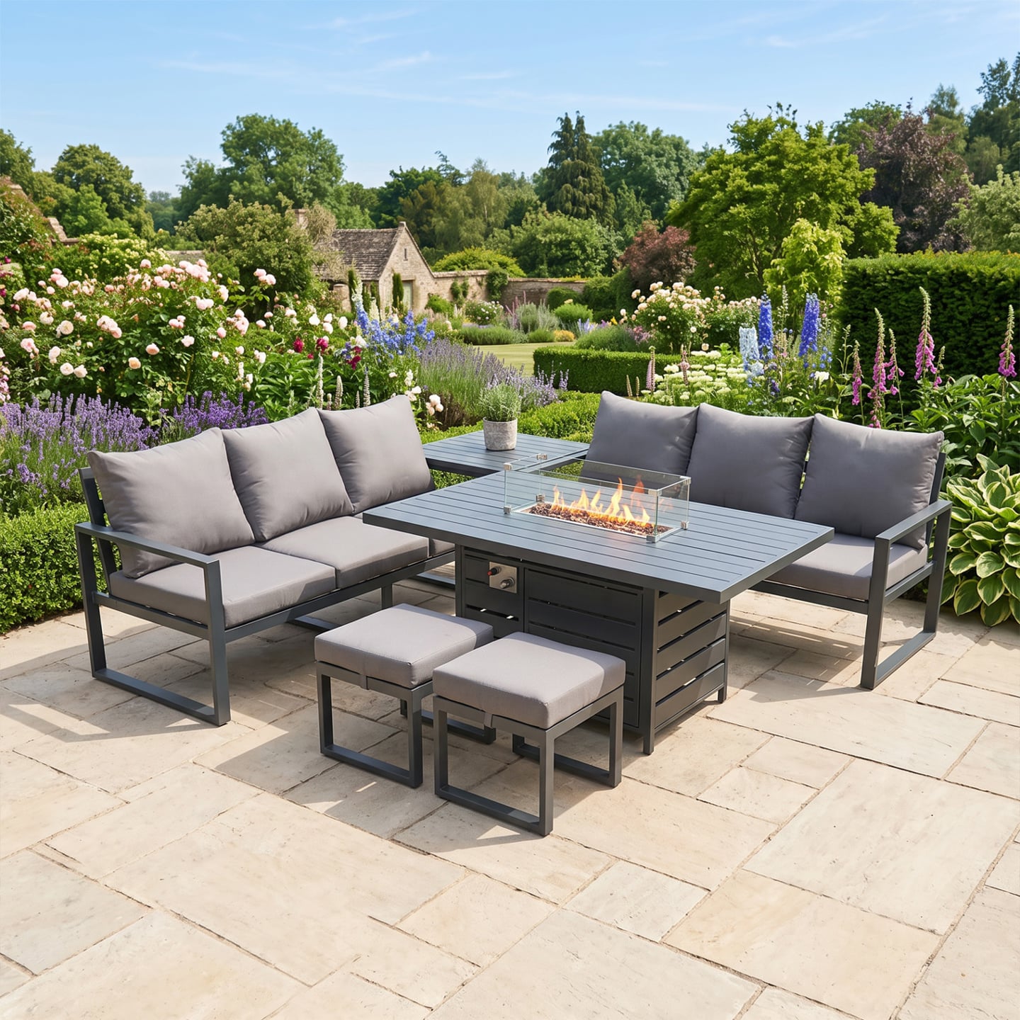 Rackhams Dark/Grey Aluminium 8 Seater Outdoor Garden Furniture Lounge Sofa Set Gas Fire Pit Dining Table With 2 Small Footstools Side Table