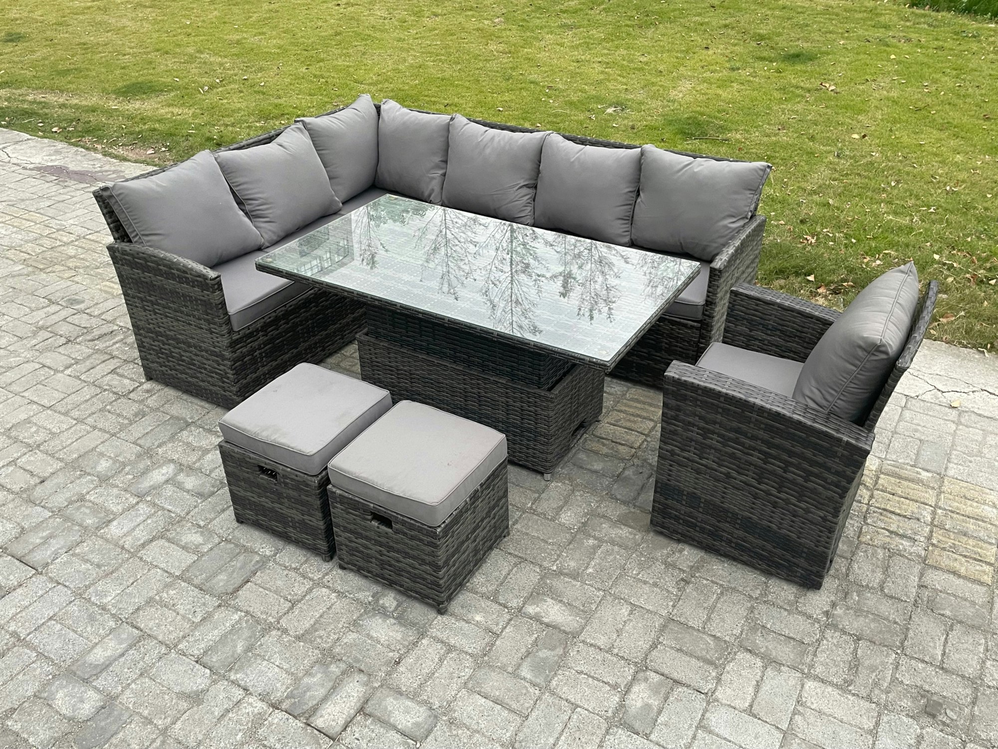 Fimous Dark/Grey Mixed Pe Rattan Outdoor Dining Set - Height Adjustable Lifting Table, 2 Small Footstools & Armchair