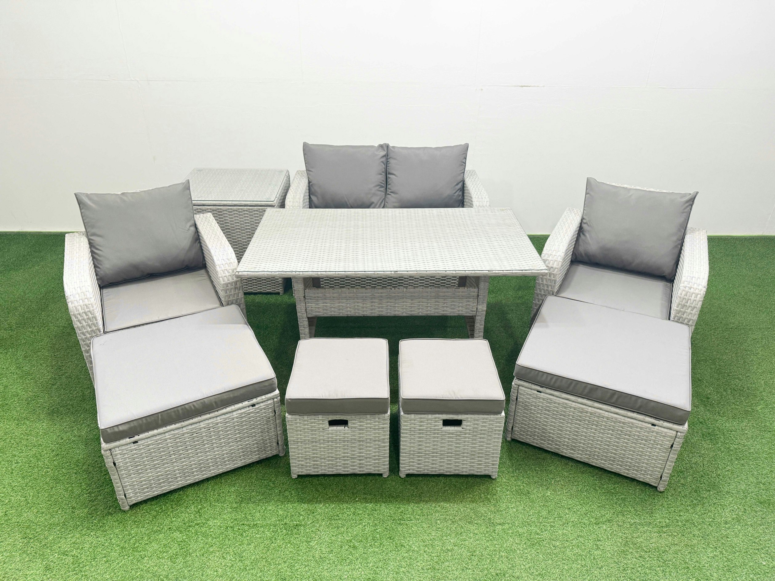 Rackhams Light/Grey Pe Rattan Lounge Sofa Set 8 Seater Outdoor Garden Furniture Set With Dining Table Love Sofa 2 Big Footstools Side Table