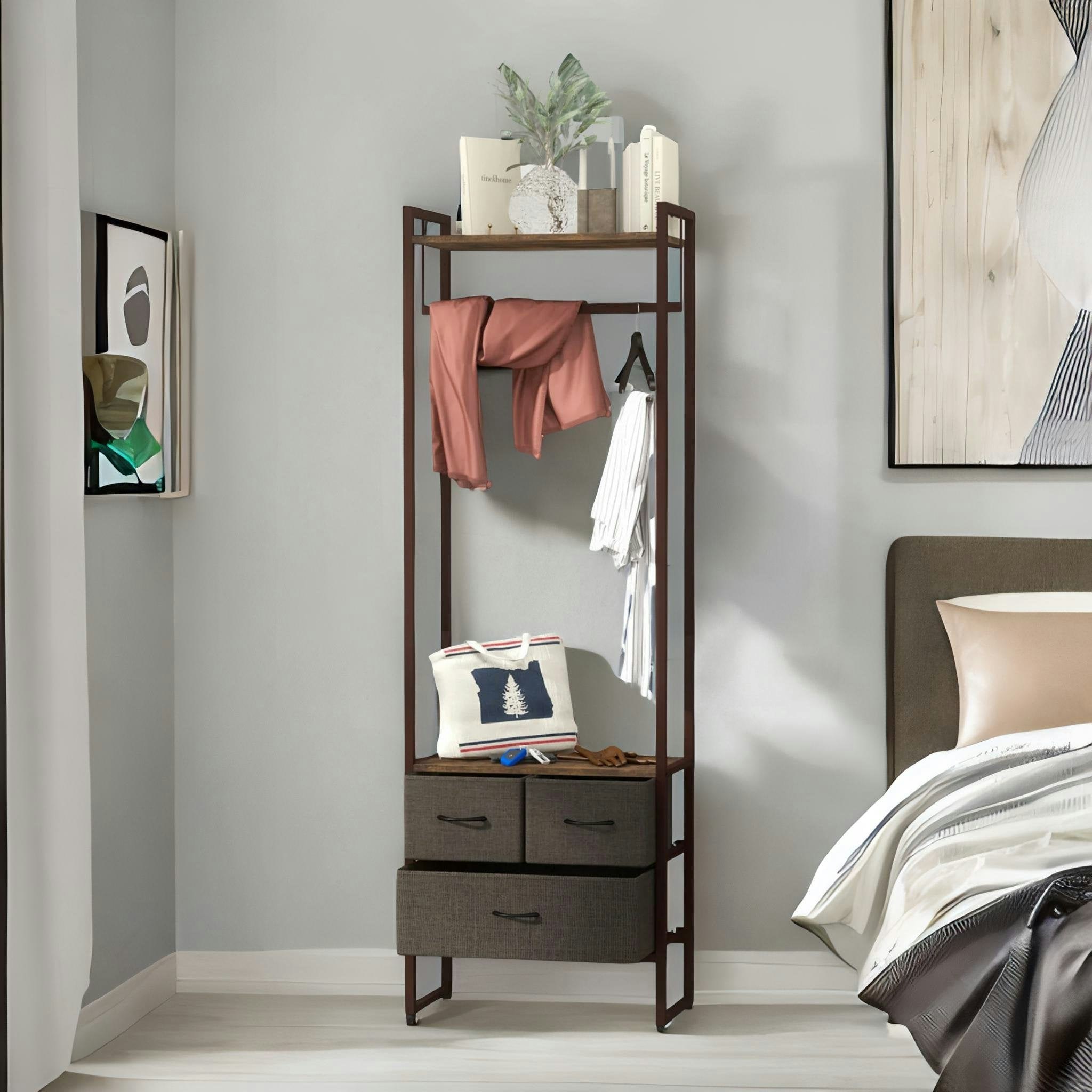 Rackhams Brown Industrial Hall Tree Coat Rack With 3 Fabric Drawers