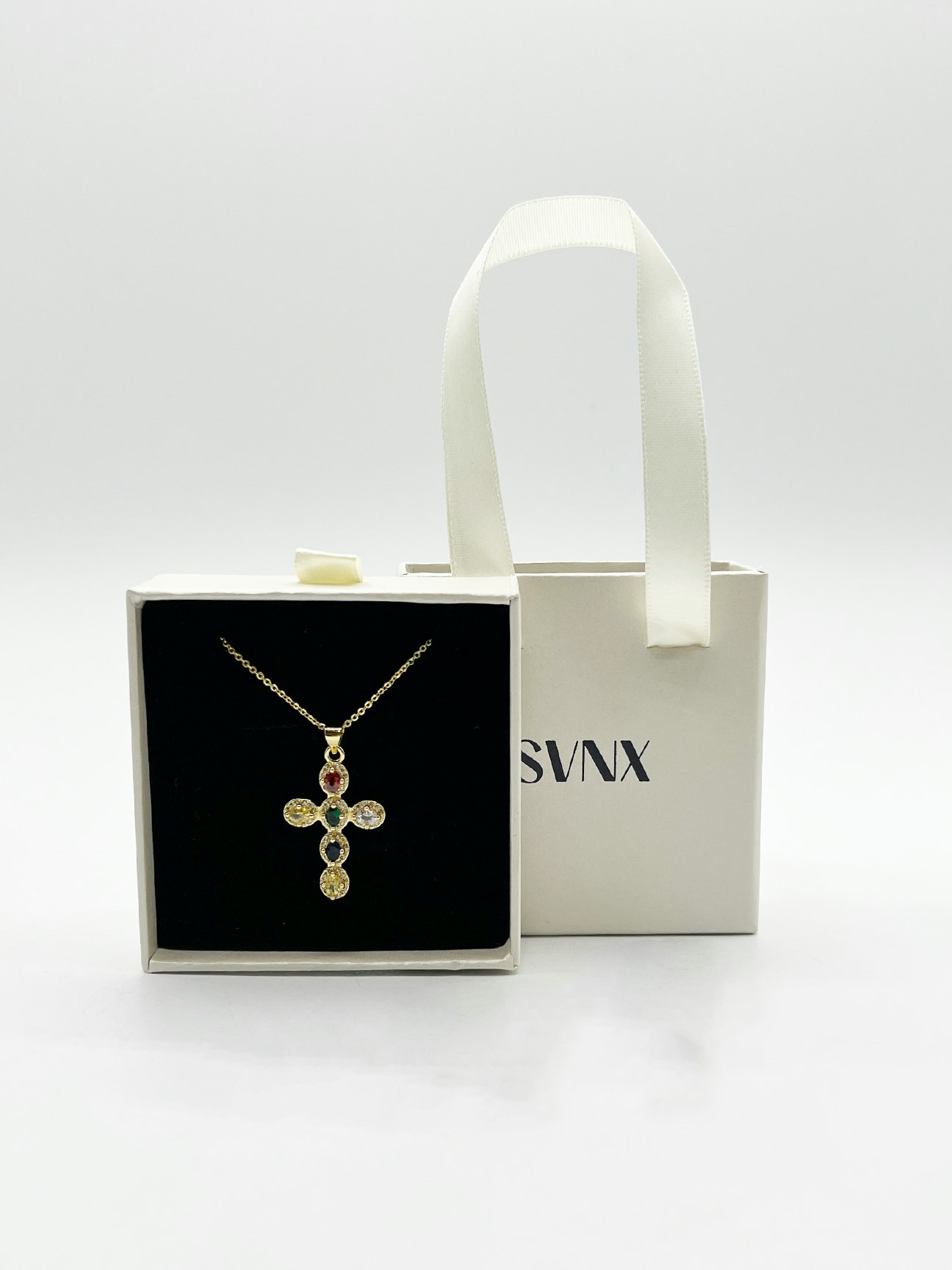 Svnx Gold Cross Pendant Necklace In Multi Colour Stones - One Size