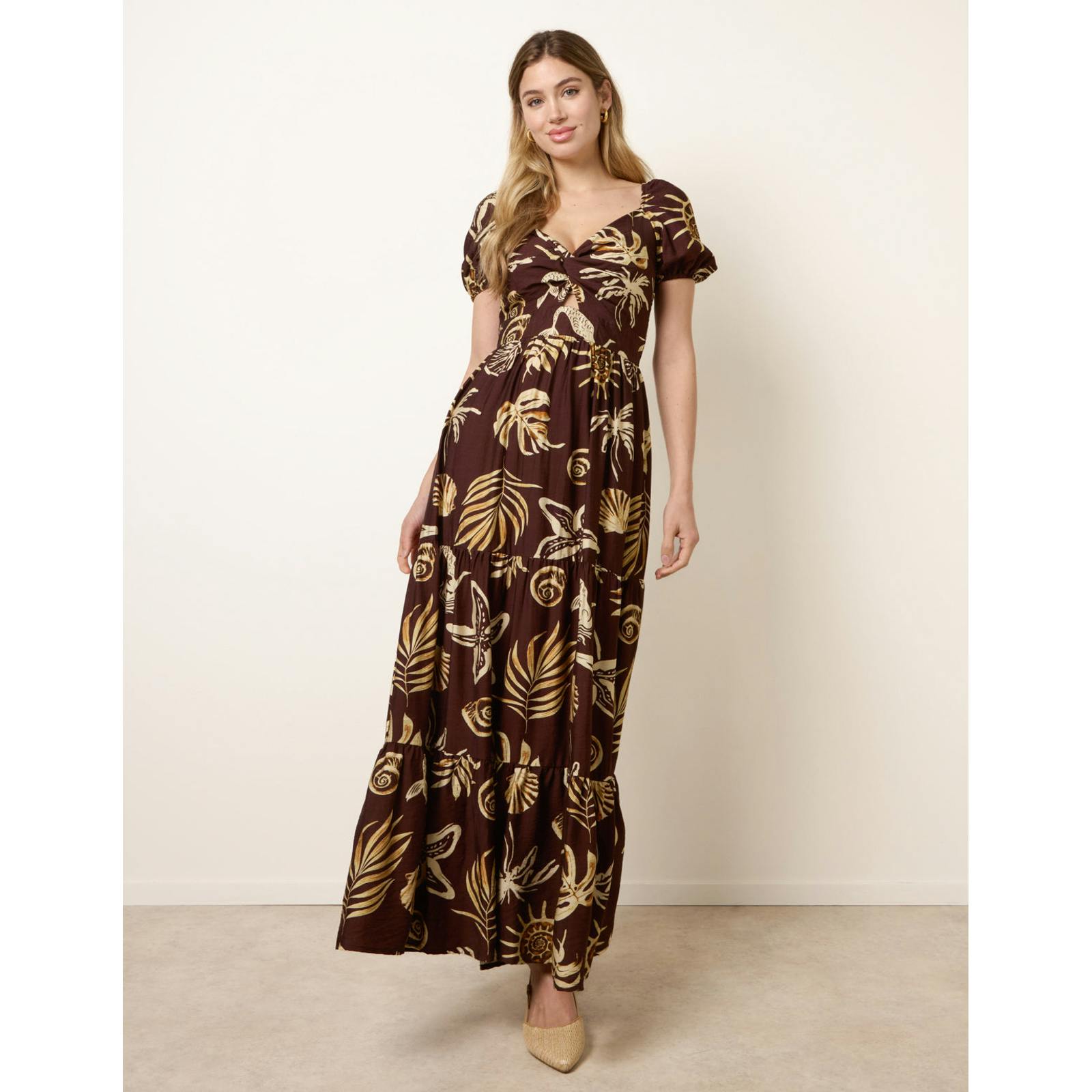 Blue Vanilla Blue/Brown Vanilla Shell Knot Front Puff Sleeve Midi Dress - M