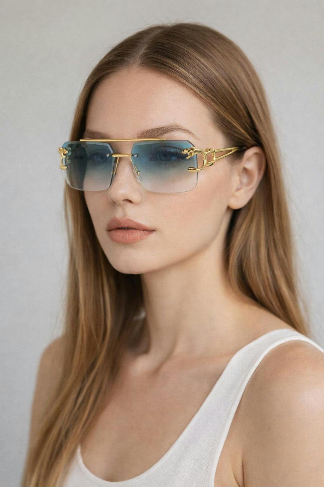 Svnx Blue Rimeless Navigator With Side Detail Sunglasses In - One Szie