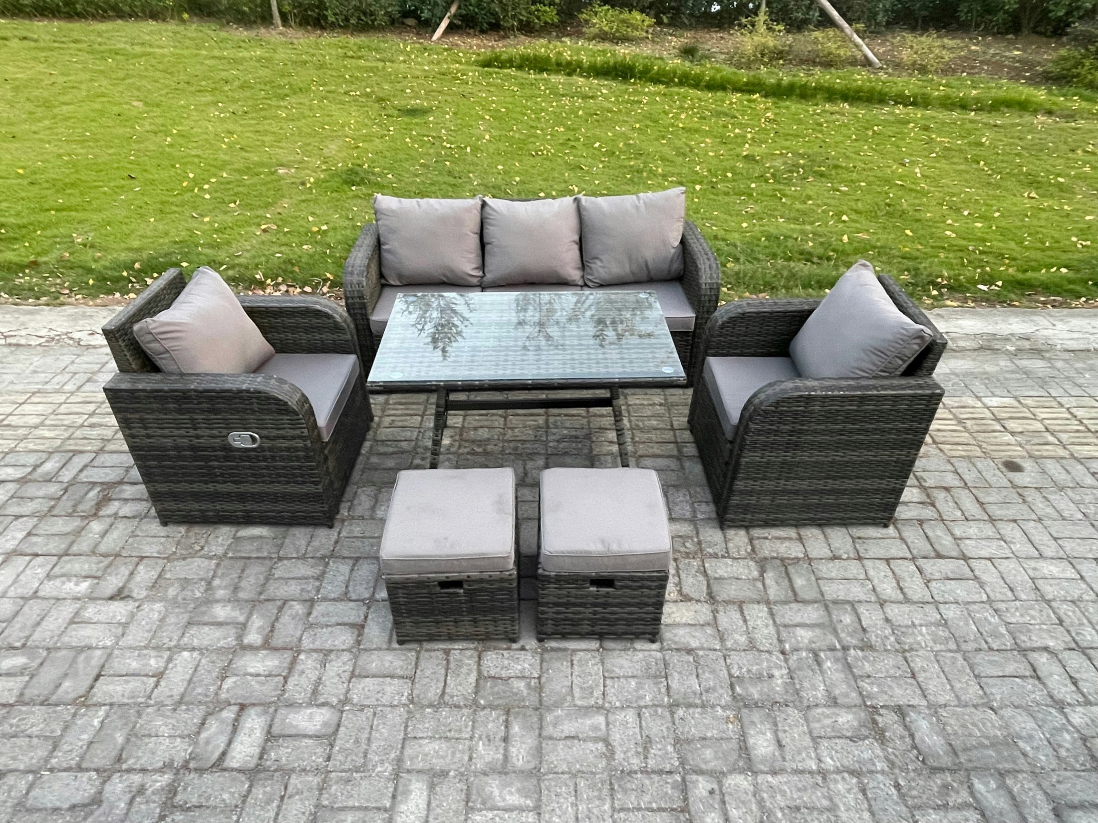 Fimous Dark/Grey 7 Seater Rattan Conservatory Sofa Set - Rectangular Dining Table, Reclining Chair, 3-Seater Sofa & 2 Footstools
