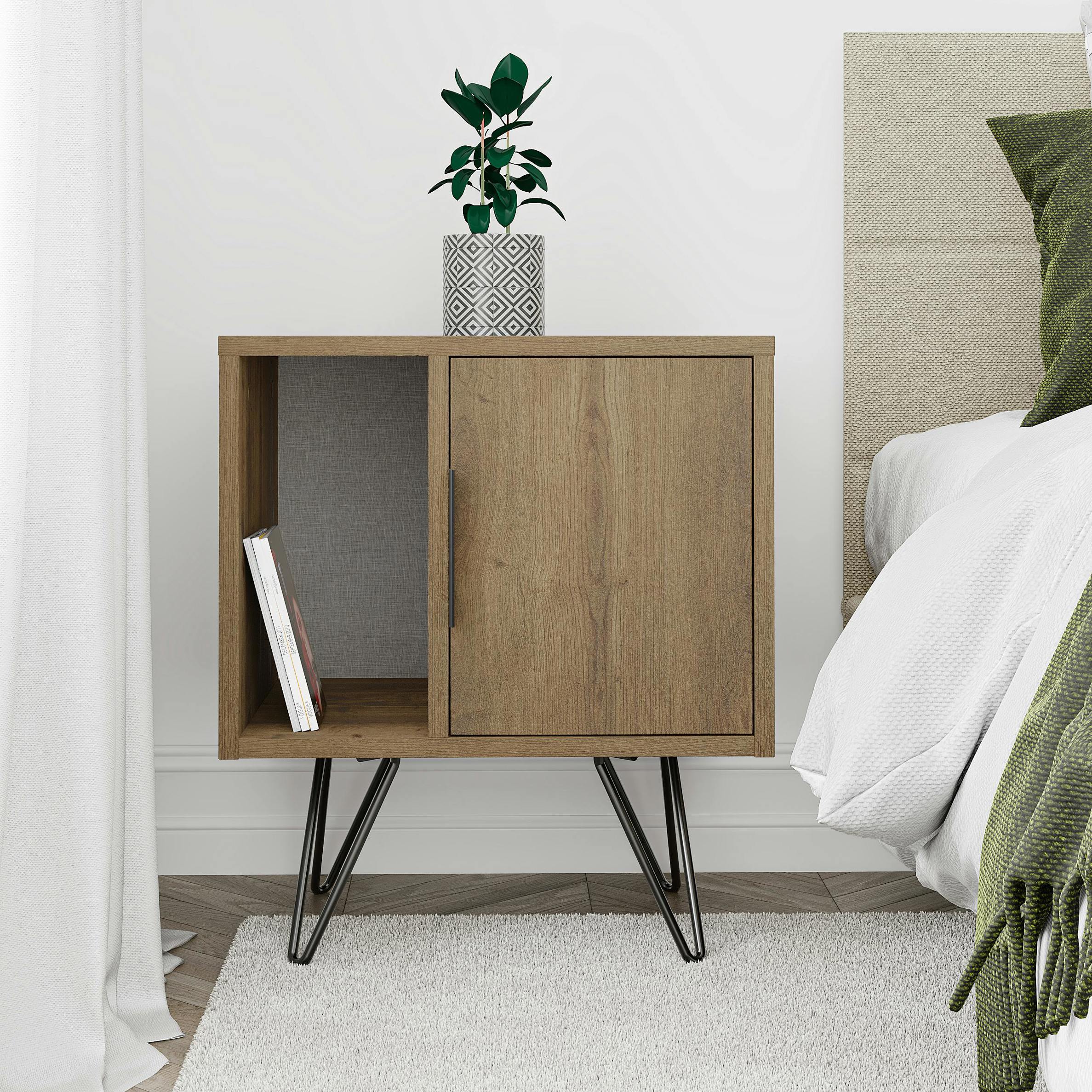 Decortie Dark Glynn Modern Bedside Table With Metal Hairpin Legs Bedroom Nightstand With Storage 50.2Cm - Oak