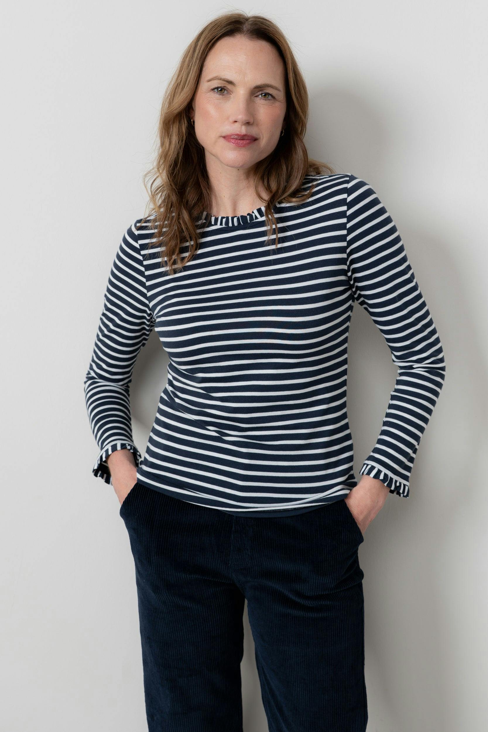Lily & Me Marnie Striped Frill Neck Top Navy - 18 - Navy