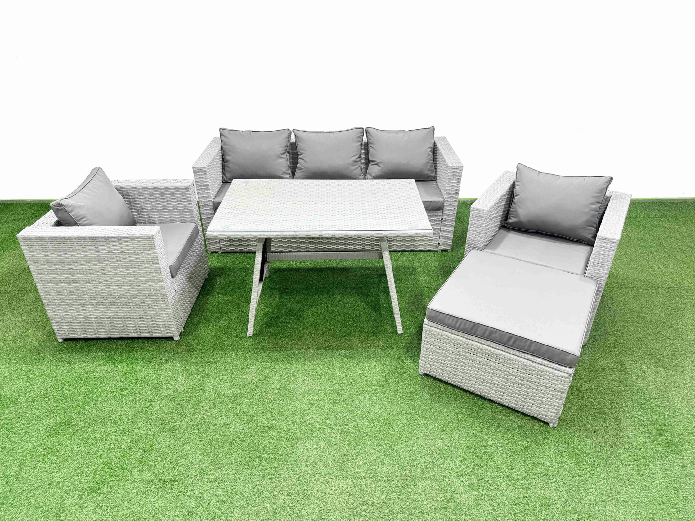 Rackhams Light/Grey 6 Pieces Outdoor Pe Rattan Sofa Armchair Set Patio Garden Furniture Sets With Cushions Big Stool