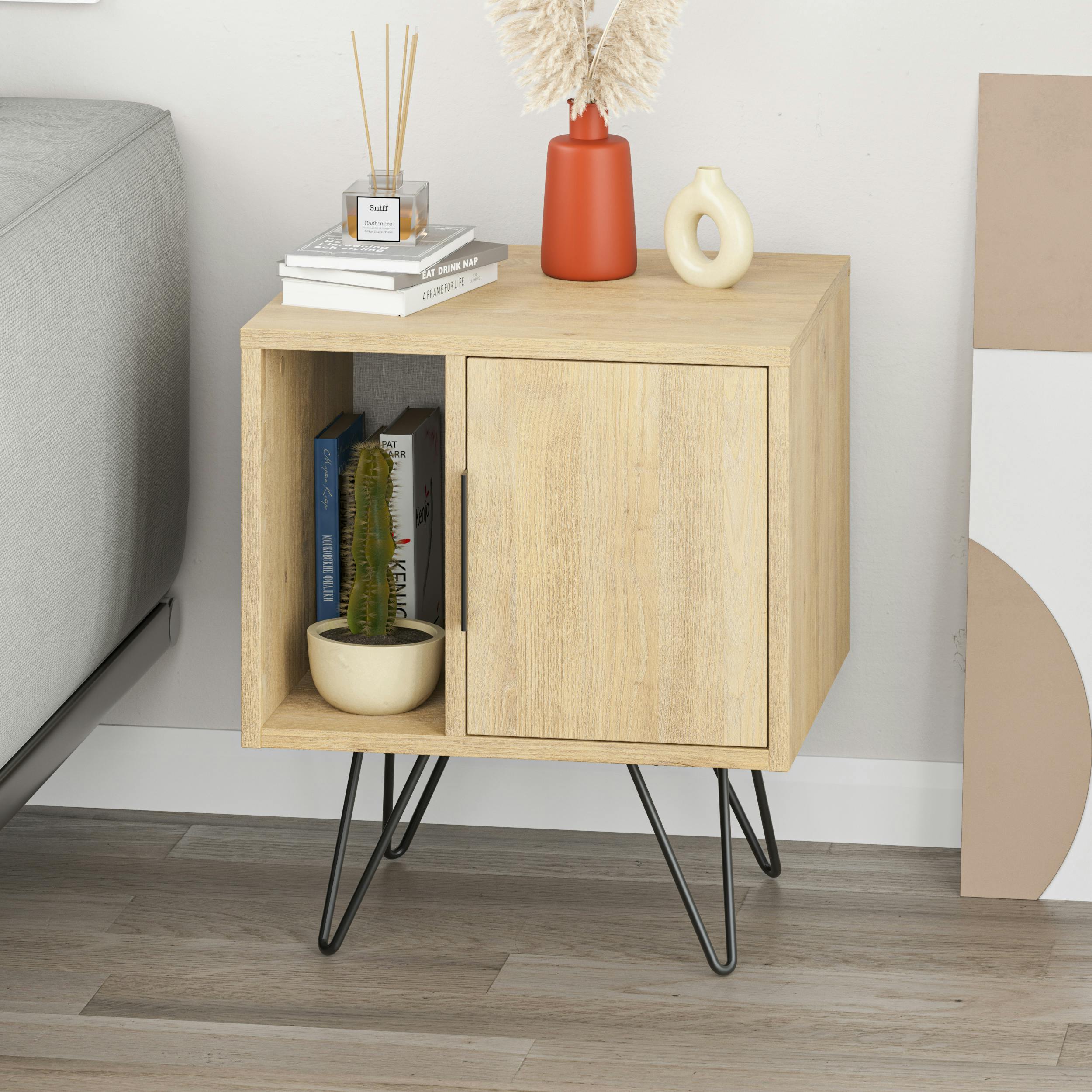 Decortie Light Glynn Modern Bedside Table With Metal Hairpin Legs Bedroom Nightstand With Storage 50.2Cm - Oak
