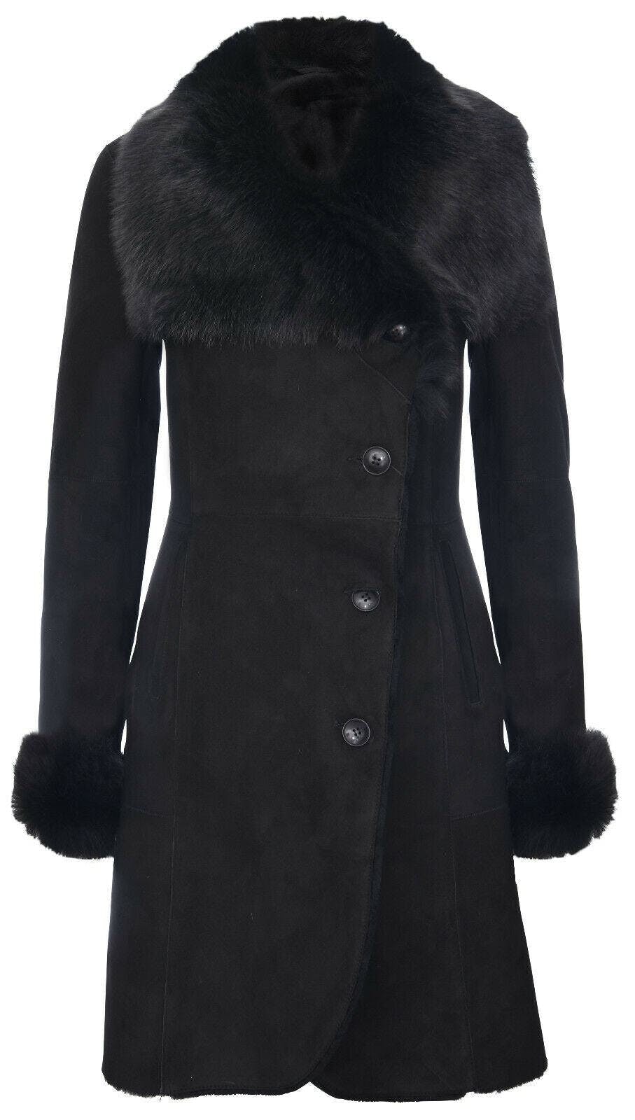 Infinity Leather Women's Black Suede Merino Shearling Coat With Toscana Collar-Hanoi - Uk 3XL/20 | Eu 46 | Us 16