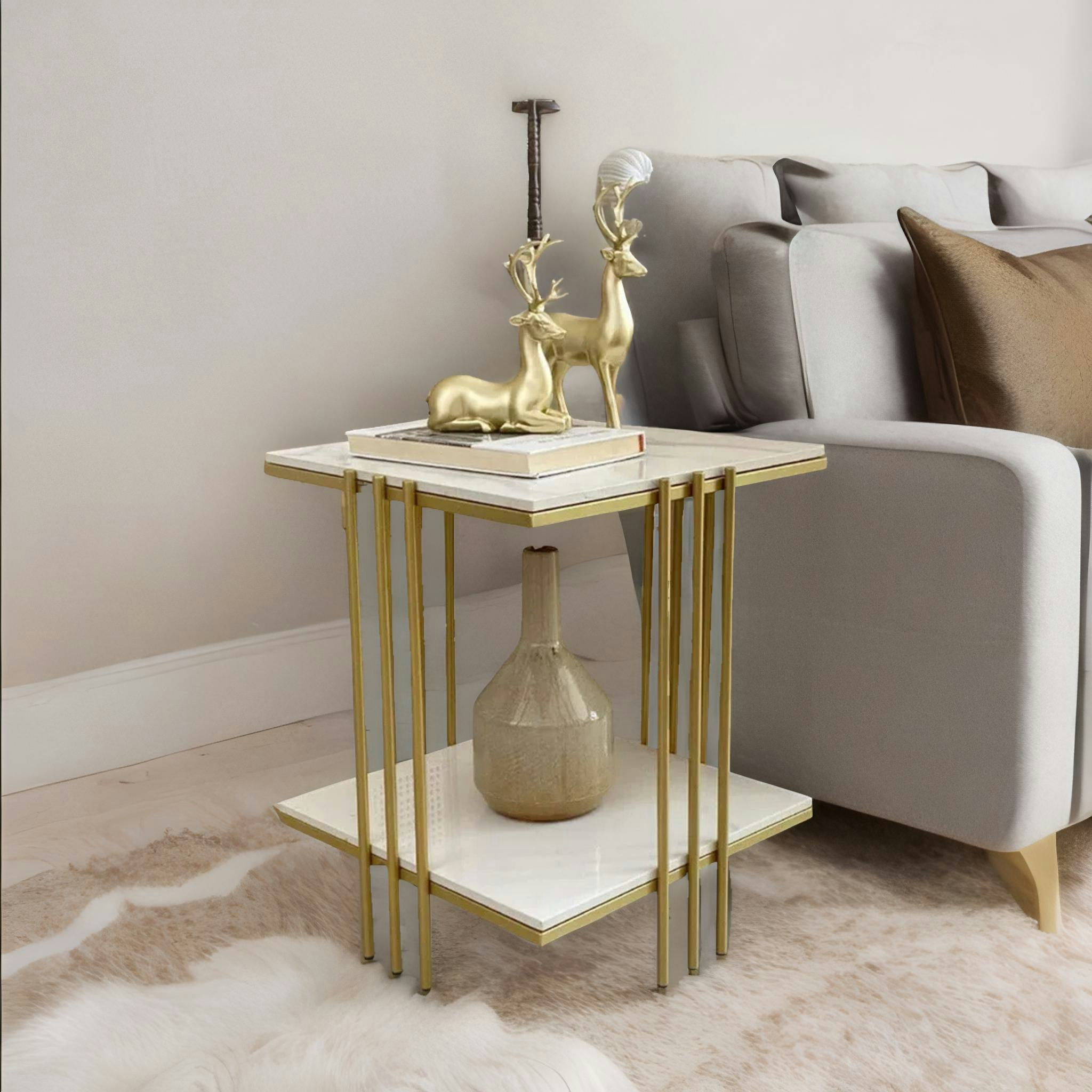 Rackhams Gold 2 Tier Square Faux Marble Side Table
