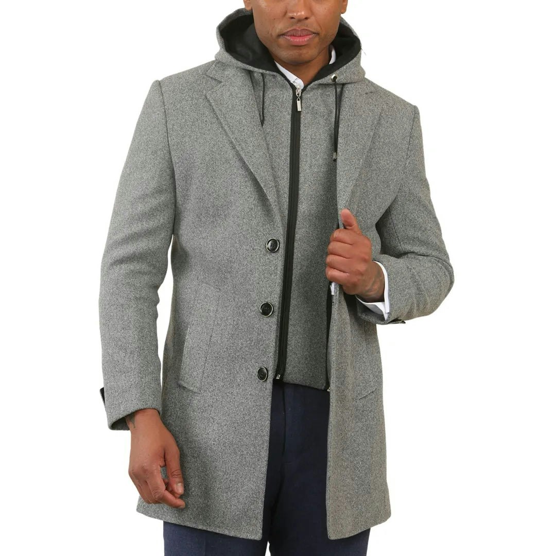 Truclothing Men's Grey Hooded Wool Blend Classic Overcoat - 4XL
