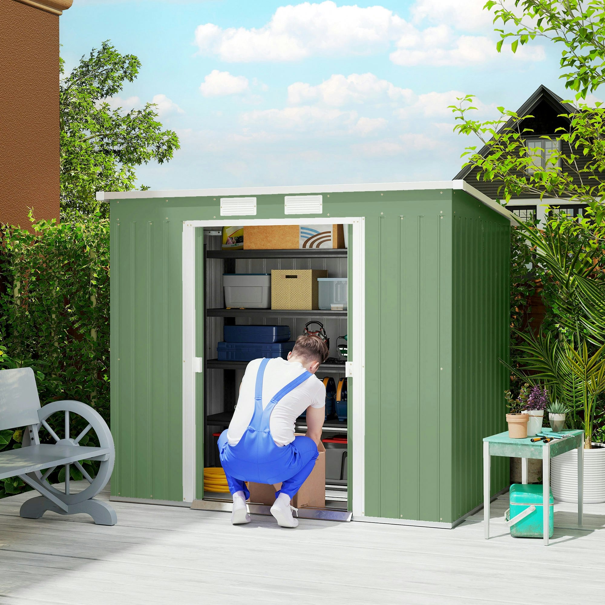 Rackhams Green 7 X 4Ft Metal Garden Storage Shed W/ Double Door