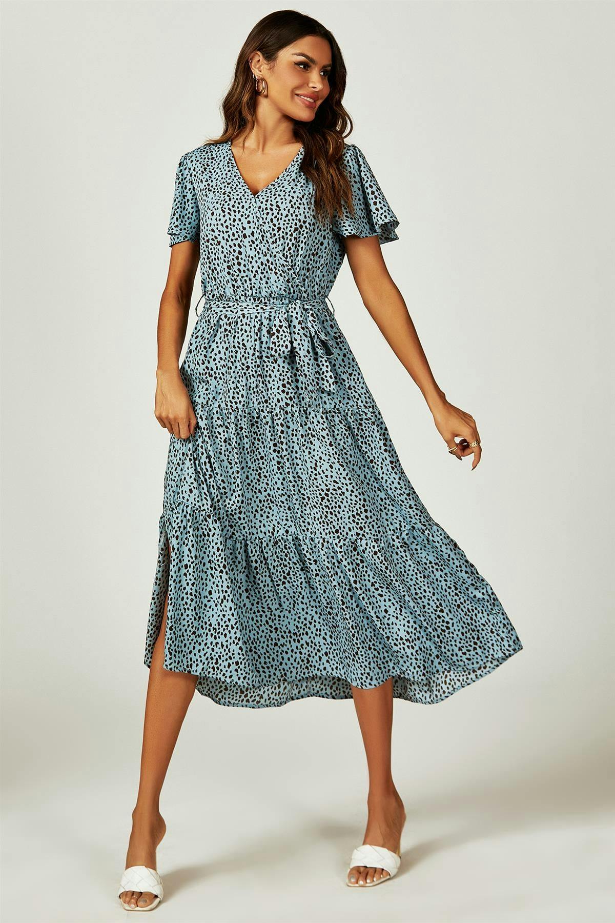 Fs Collection Blue Leopard Print Hem Tiered Wrap Midi Dress In - Xl