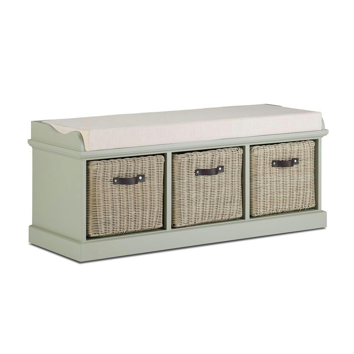 Statement Furniture Brown/Green Tetbury Bench With 3 Rattan Storage Baskets And Cushion Seat - Sage