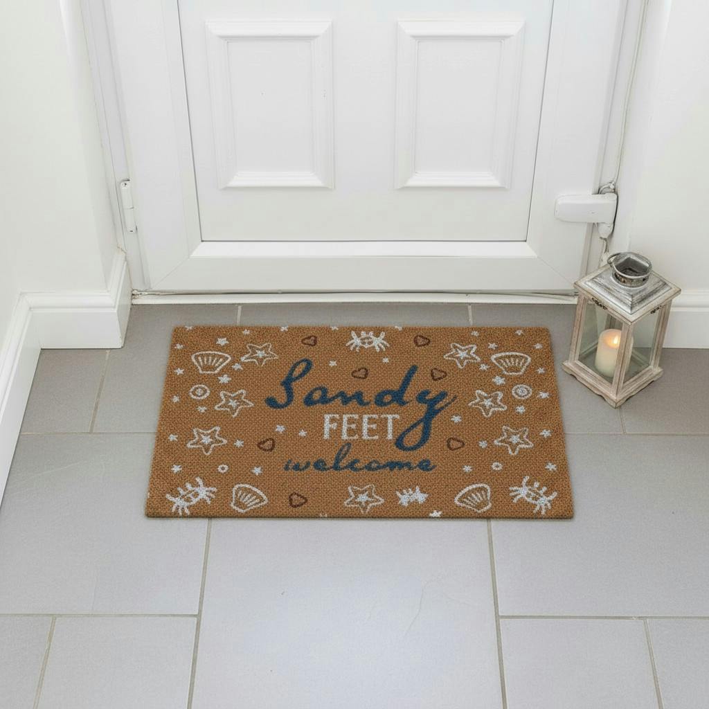 Rackhams Blue/White Coastal Sandy Feet Welcome Natural Coir Doormat