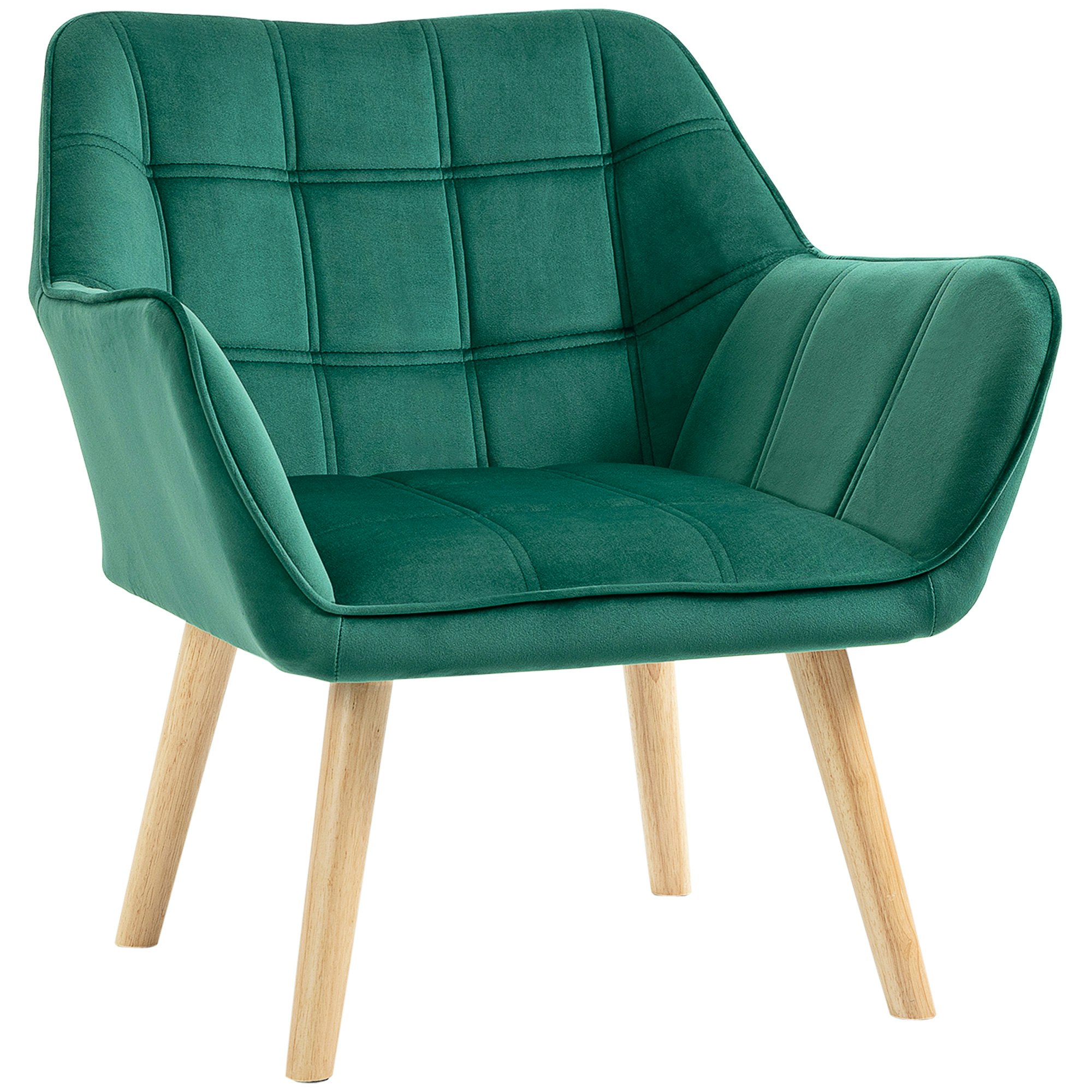 Homcom Green Velvet-Feel Accent Chair W/ Wide Arms Slanted Back - Rubber Wooden, Steel, Sponge, Velvet (Polyester)