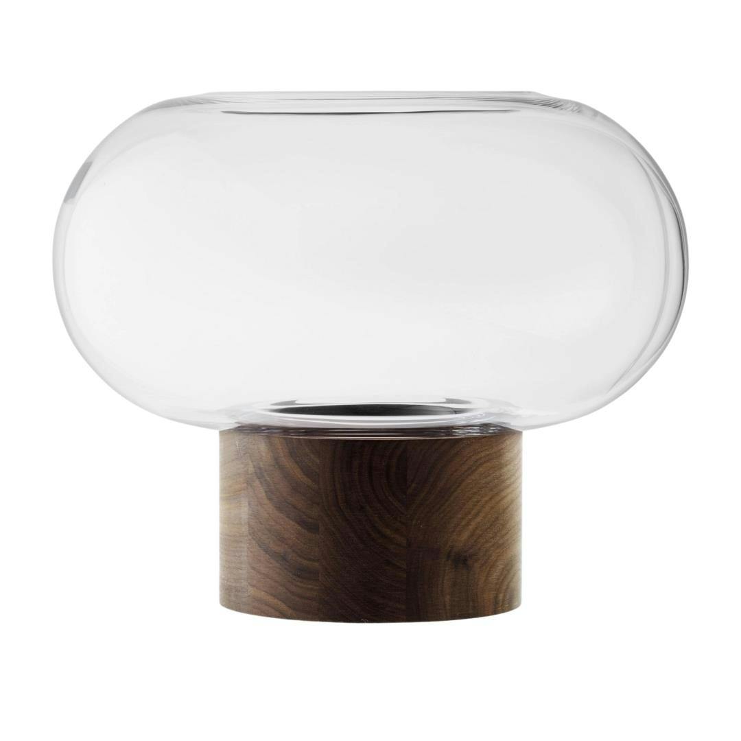 Rackhams Lsa Oblate Glass Vase Lantern 28Cm With Walnut Base Clear - Glass - 1 - Clear