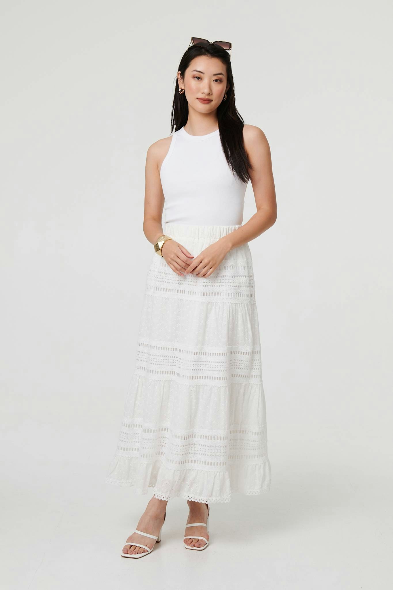 Izabel London White High Waist Lace Trim Tiered Maxi Skirt - 10