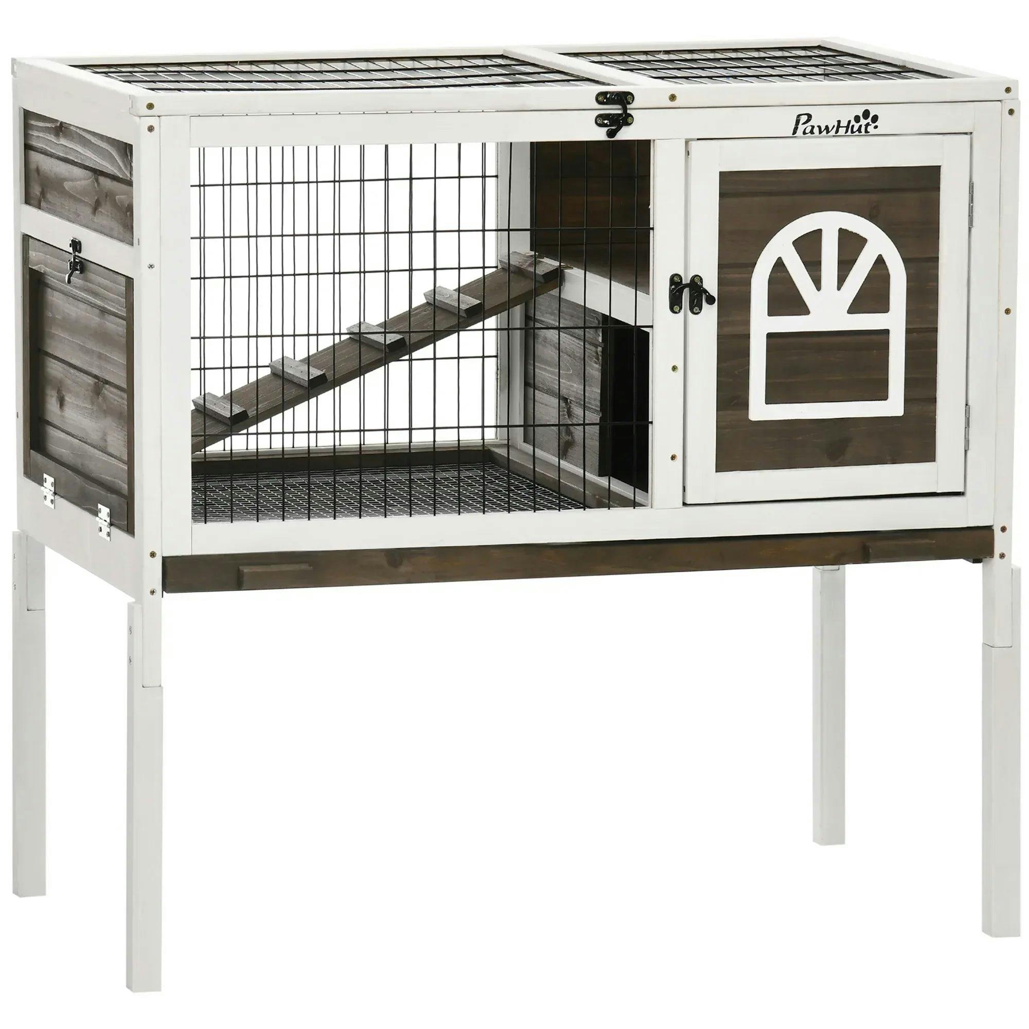 Pawhut Brown Wooden Rabbit Hutch, Small Animal House W/ Removable Tray, Openable Roof In - Image 4