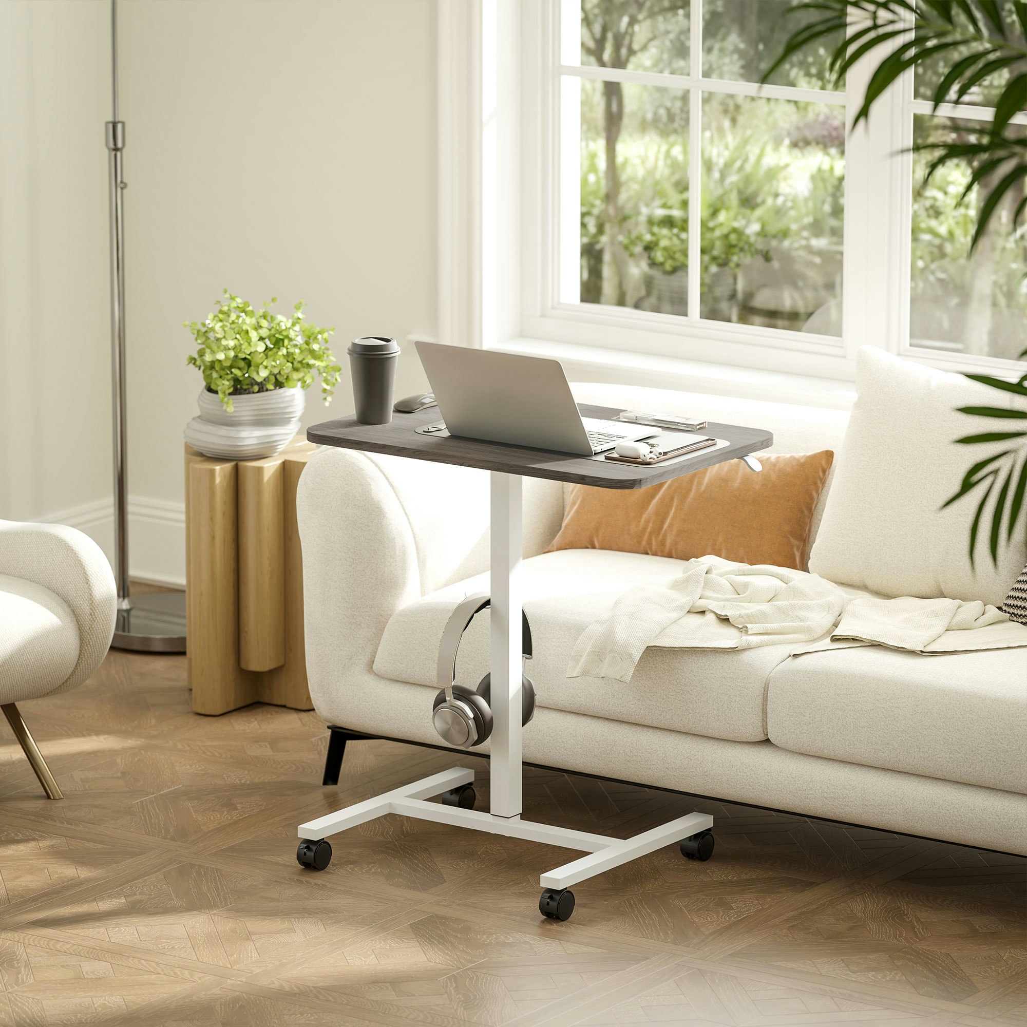 Homcom Grey Standing Desk Mobile Overbed Table W/ Wheels For Home Office