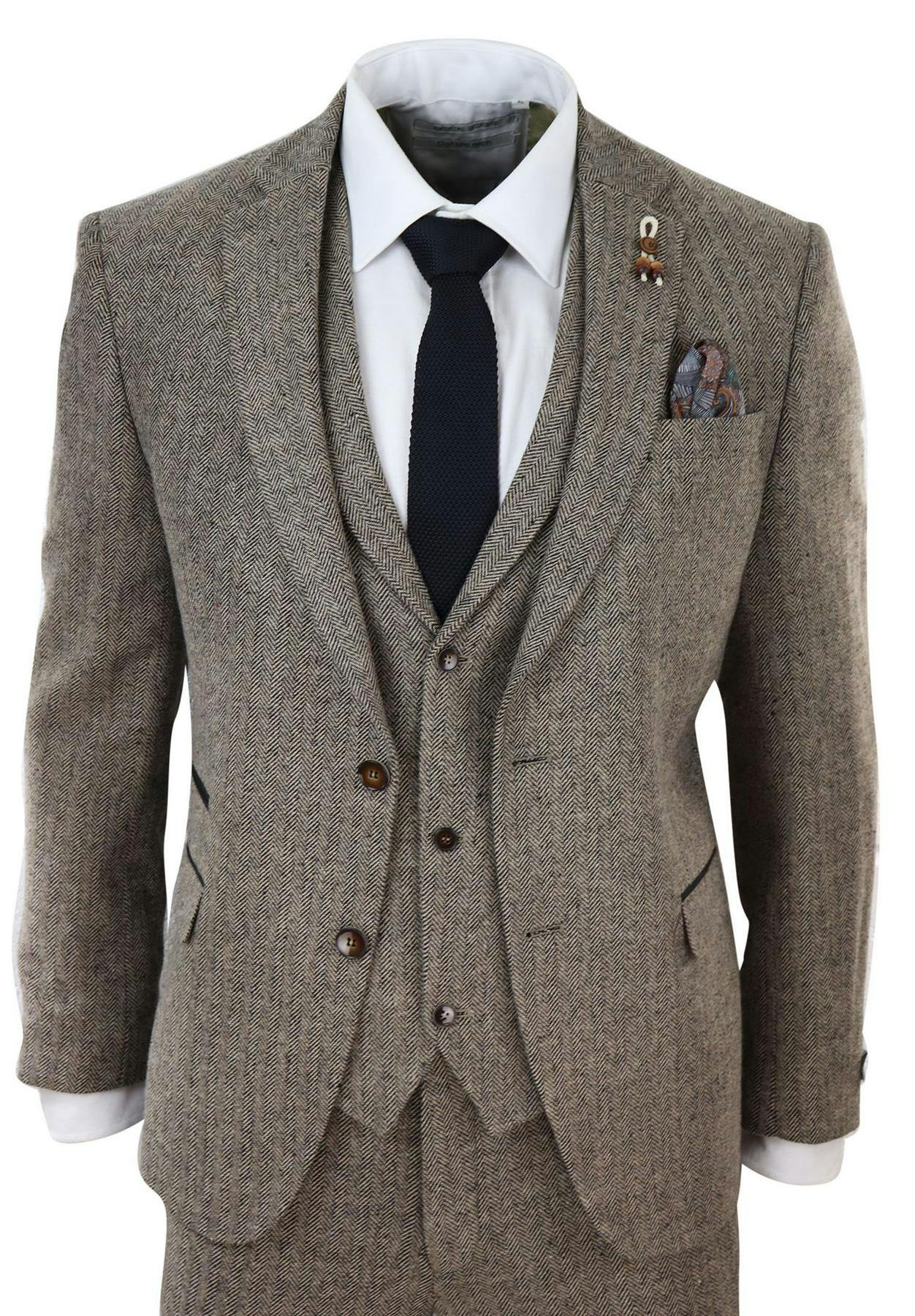 Truclothing Men's Brown Oak 3 Piece Tweed Suit Vintage Harringbone 1920S Retro Peaky Blinders - 48" Jacket 42" Trousers