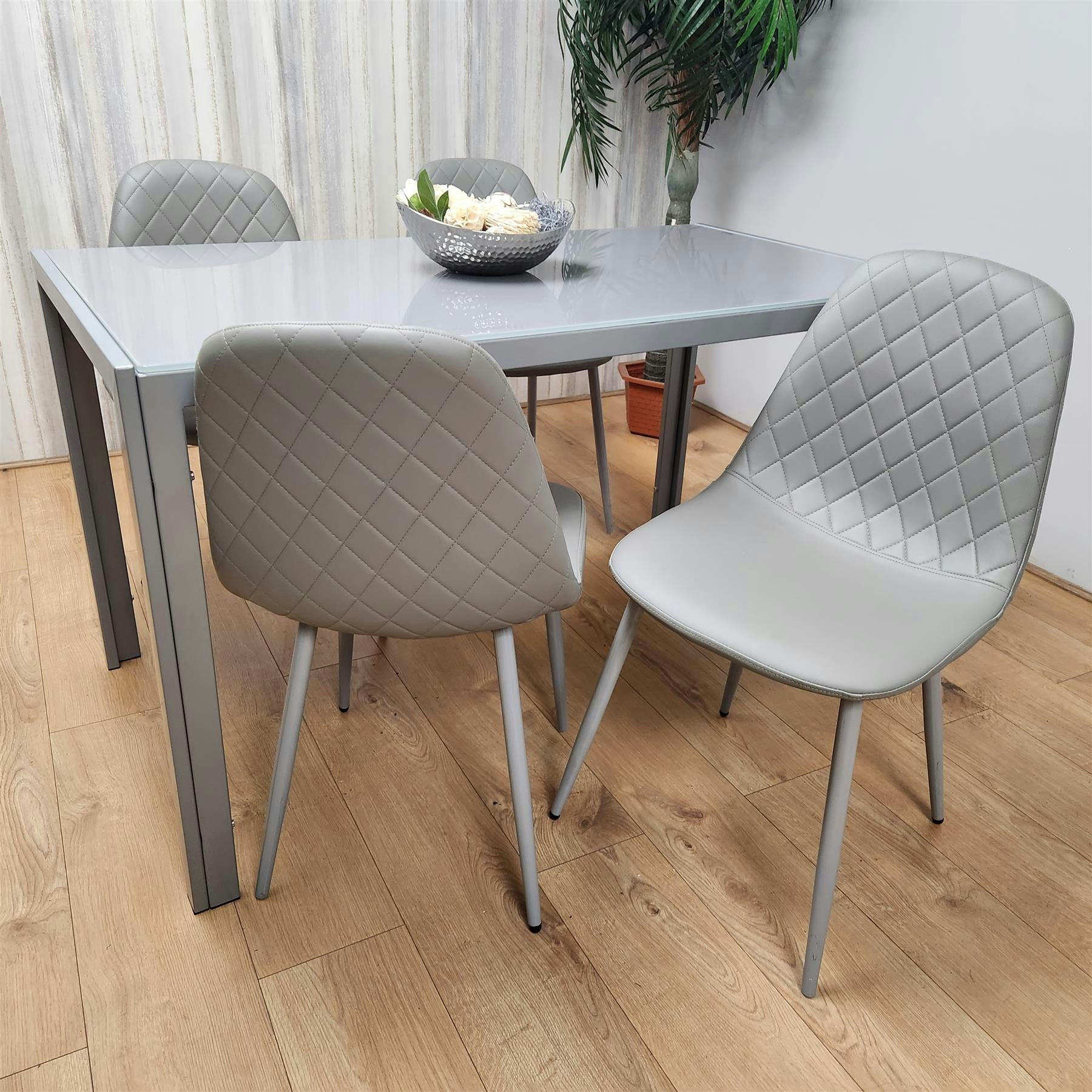 Portland 4 Seater Dining Set - Grey - Tempered Glass Top with Faux Leather Chairs - Image 6