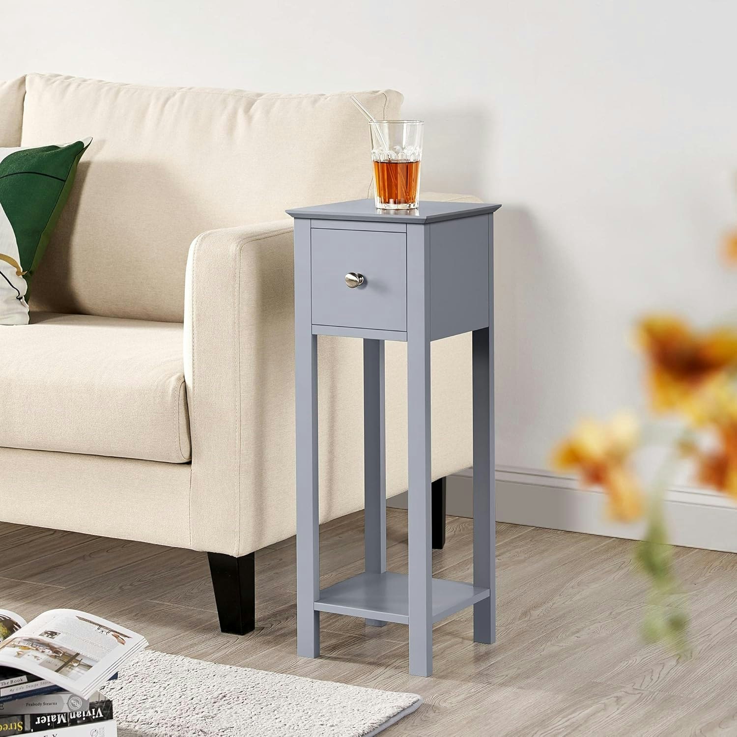 Rackhams Grey Narrow Tall Bedside Table With Drawer