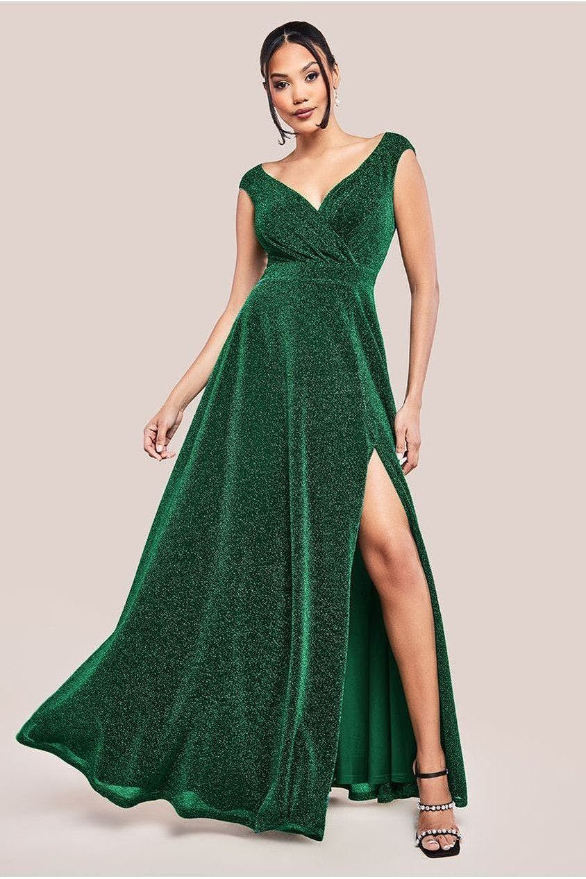 Goddiva Green/Light Crossover Lurex Glitter Maxi Dress - Emerald By - Emerald - 8