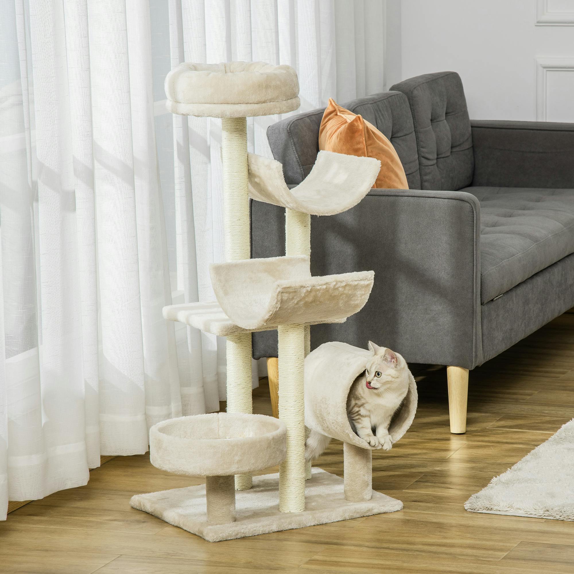 PawHut Cat Tree Beige - Multi-Level Condo w/ Scratching Post, Perch, Tunnels - Image 3