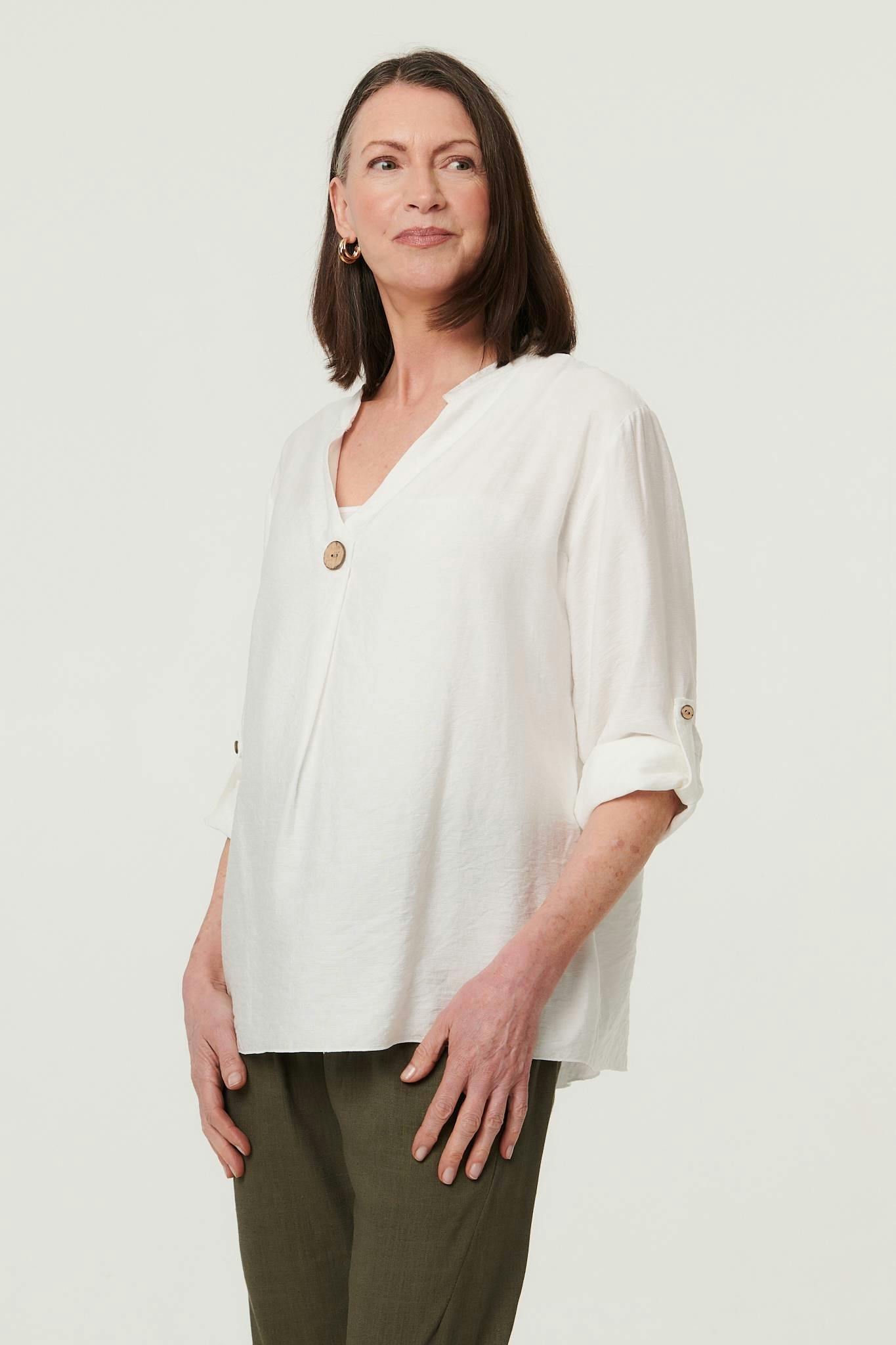Izabel London White Relaxed Turn-Up Sleeve Curve Hem Blouse - 12