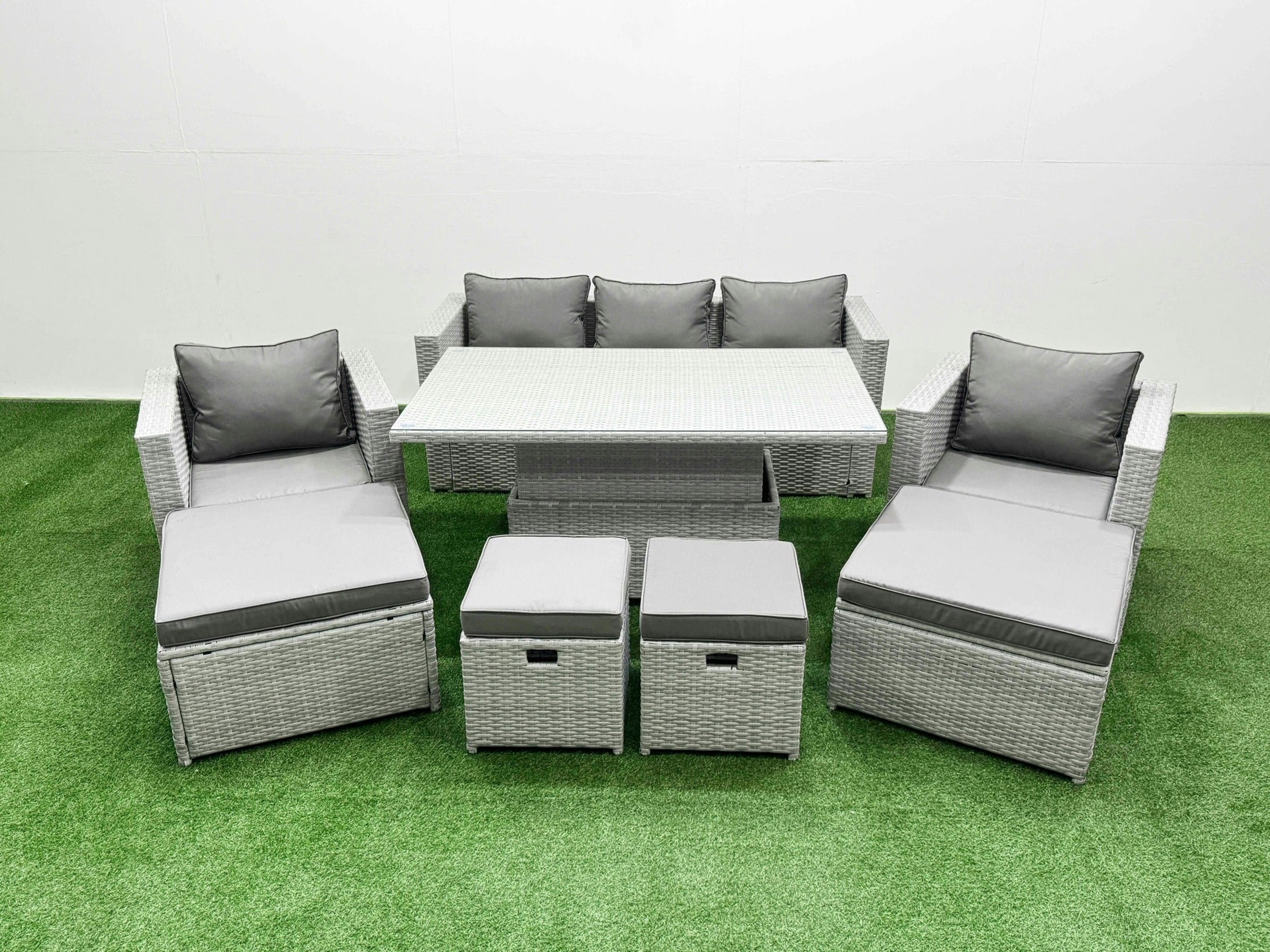 Rackhams Light/Grey 8 Pcs Rising Dining Table Set Rattan Furniture Set With 3 Seater Sofa Chair 2 Big Footstools 2 Small Footstools
