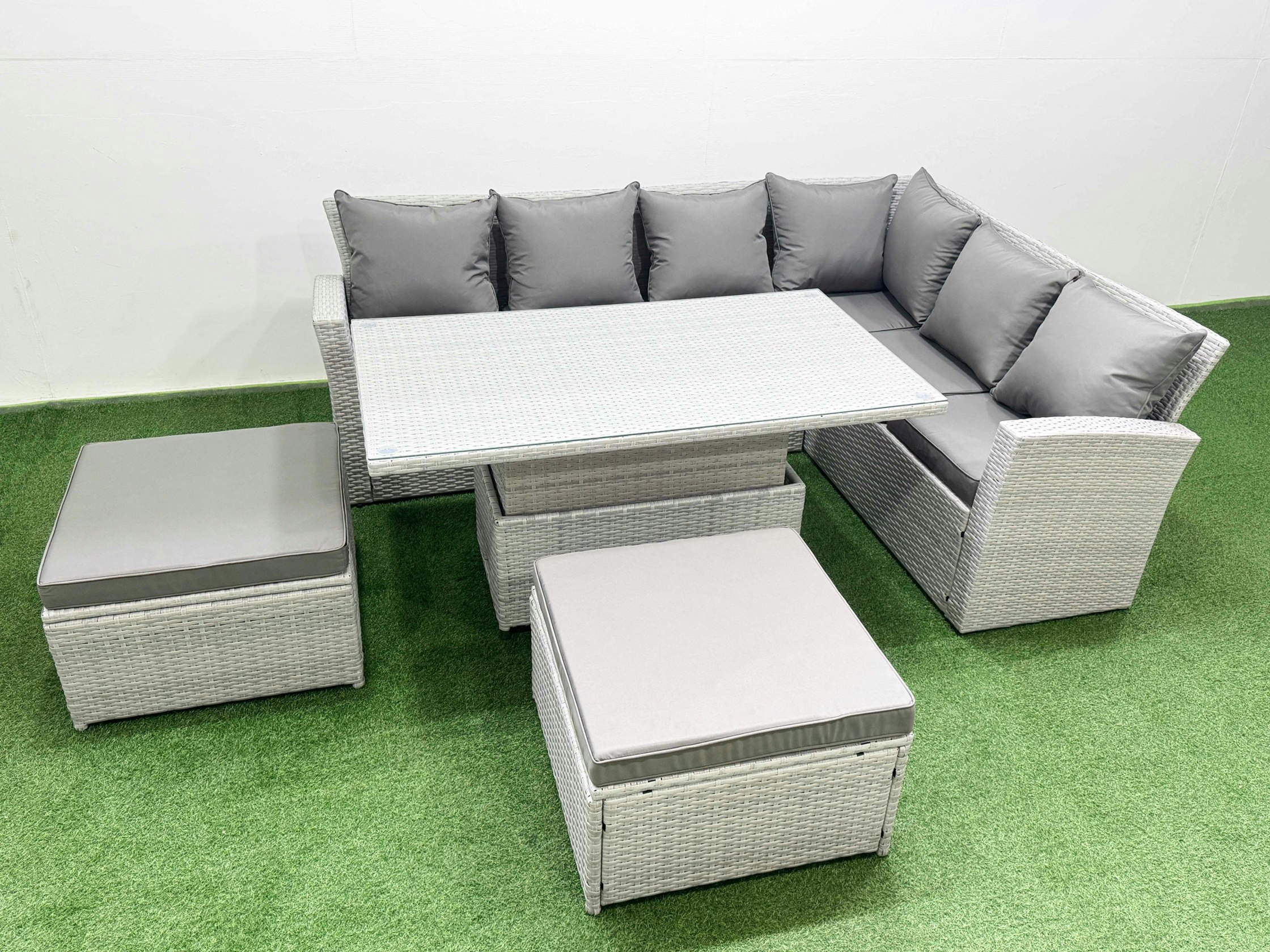Fimous Light/Grey 8 Seat Rattan Garden Furniture Corner Sofa Set Outdoor Adjustable Lifting Dining Or Coffee Table Set With Armchair 2 Big Footstools